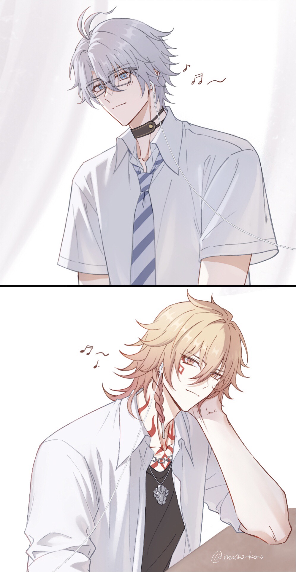 mydei (honkai: star rail), phainon (honkai: star rail), honkai: star rail, honkai (series), chinese commentary, commentary request, highres, 2boys, alternate costume, antenna hair, black choker, black shirt, blonde hair, blue eyes, blue necktie, braid, chain, chain necklace, chest tattoo, choker, chrysos heirs school uniform, collared shirt, earphones, facial tattoo, gradient hair, jewelry, male focus, medium hair, miao-koo, multicolored hair, multiple boys, necklace, necktie, parted bangs, red hair, red tattoo, school uniform, shared earphones, shirt, short hair, short sleeves, side braid, sleeves rolled up, striped clothes, striped necktie, tattoo, white hair, white shirt, yellow eyes