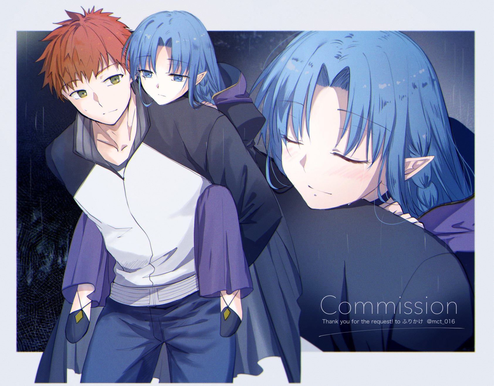 mct, emiya shirou, medea (caster) (fate), medea (fate), fate/stay night, fate (series), commentary request, commission, duplicate, highres, pixel-perfect duplicate, 1boy, 1girl, blue eyes, blue hair, brown eyes, carrying, carrying over shoulder, carrying person, carrying under arm, closed eyes, jacket, lifting person, looking at another, mature female, red hair