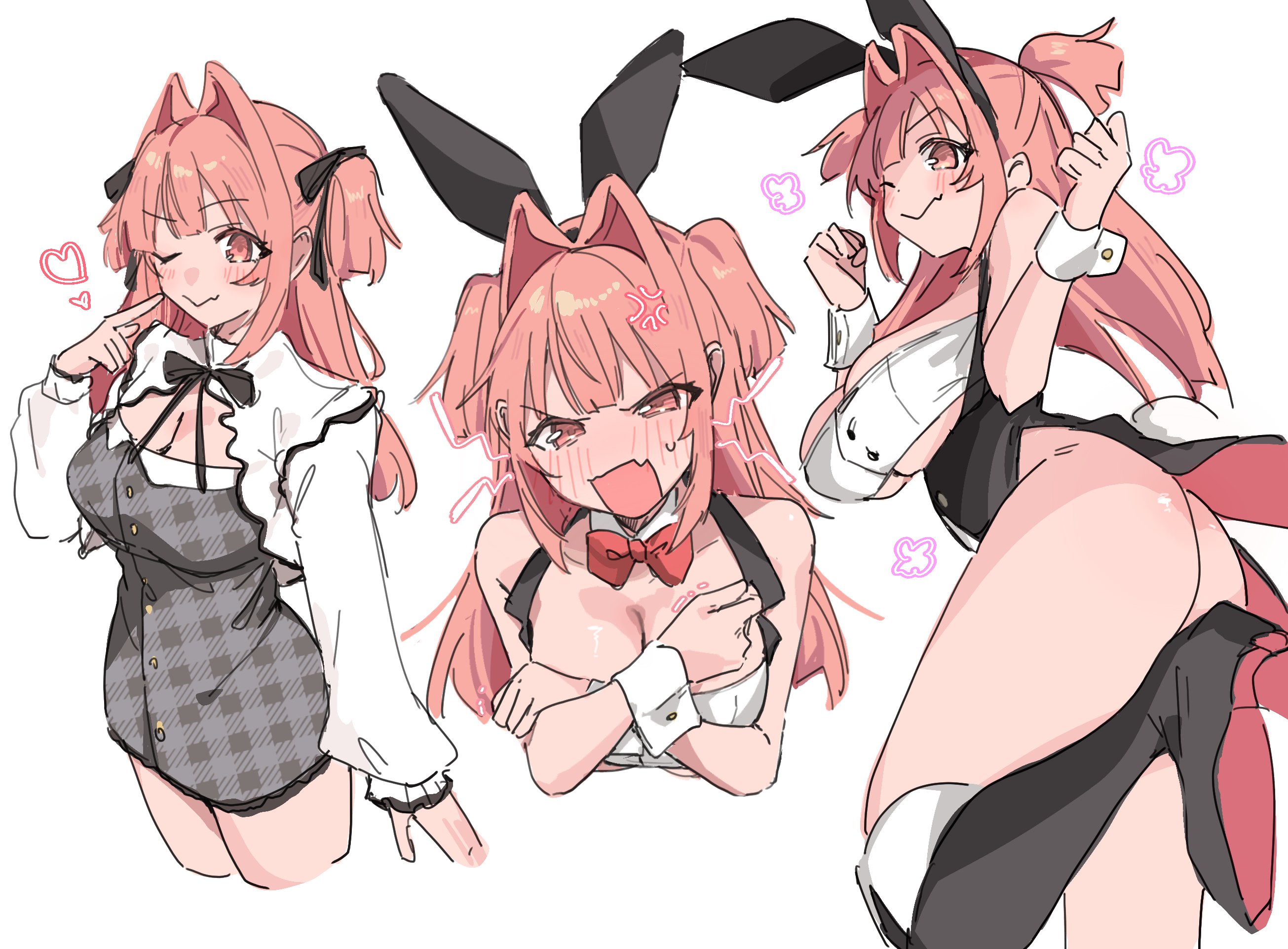 paragasu (parags112), miton-chan (miton (turuyasann)), original, commentary, highres, 1girl, angry, animal ears, arms up, ass, bare shoulders, black boots, blush, boots, bow, bowtie, bra, breasts, buttons, cape, cleavage, cleavage cutout, clothing cutout, covering breasts, covering privates, crop top, crossed arms, detached collar, dress, fake animal ears, frilled sleeves, frills, grey dress, hair ribbon, heart, high heels, index finger raised, knee boots, lace trim, large breasts, leotard, long hair, long sleeves, looking at viewer, multiple expressions, multiple views, no panties, one eye closed, pink eyes, pink hair, playboy bunny, pointing, pointing at self, rabbit ears, rabbit tail, red bow, red bowtie, revealing clothes, ribbon, short dress, short twintails, smile, standing, standing on one leg, strapless, strapless bra, striped clothes, striped dress, sweatdrop, tail, twintails, two-tone dress, underwear, white background, white cape, white wrist cuffs, wrist cuffs