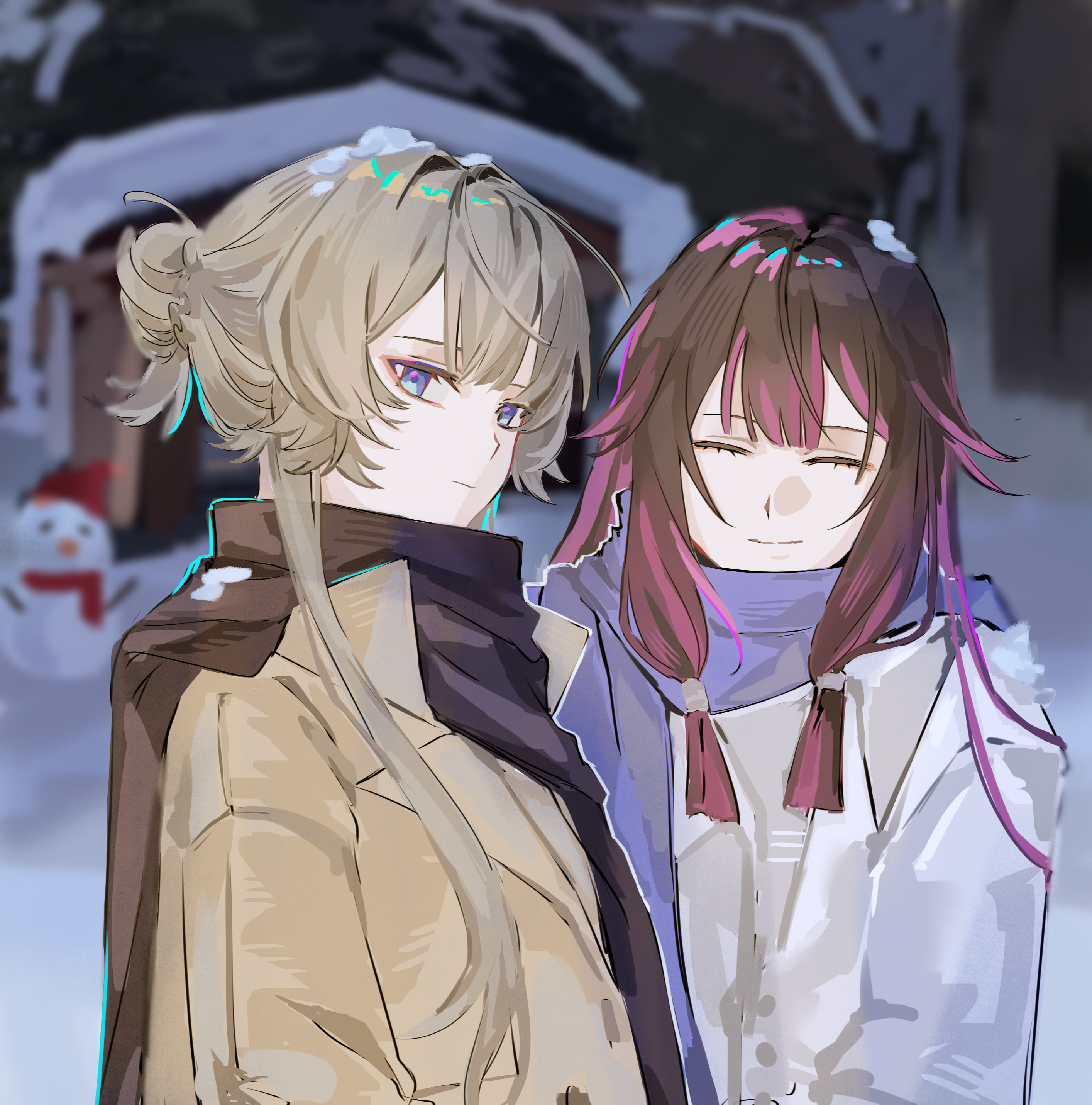xinjinjumin599630364259, columbina (genshin impact), sandrone (genshin impact), genshin impact, absurdres, commentary request, highres, 2girls, alternate costume, black hair, black scarf, blue eyes, blue scarf, brown coat, brown hair, closed eyes, closed mouth, coat, contemporary, hair bun, hair intakes, long hair, multicolored hair, multiple girls, outdoors, purple hair, scarf, smile, snow, snow on head, snowman, two-tone hair, upper body, white coat