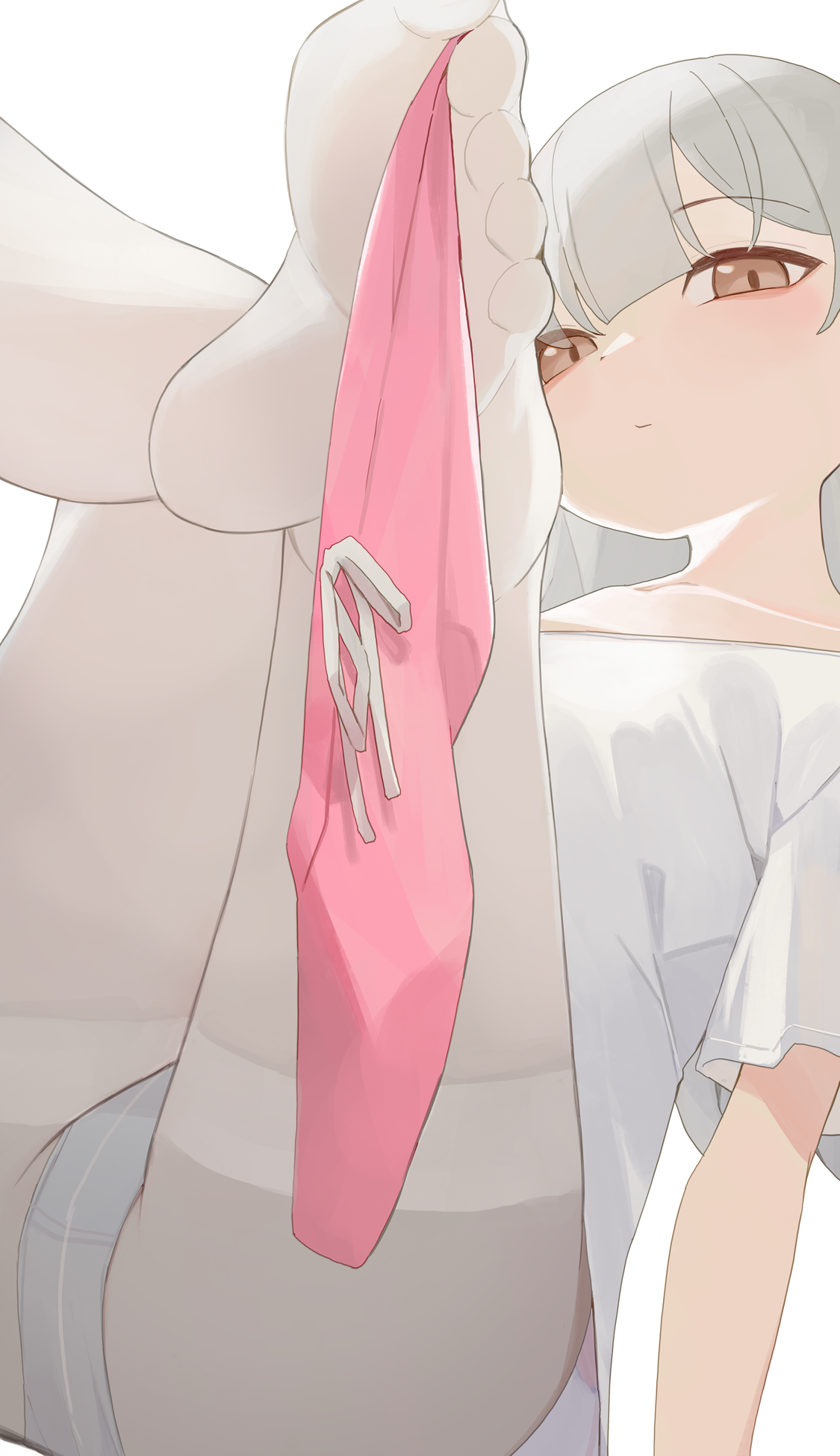 hiroki (yyqw7151), original, commentary, highres, 1girl, between toes, brown eyes, crotch seam, feet, grey hair, long hair, looking at viewer, panties, panties under pantyhose, pantyhose, pink shorts, shirt, short sleeves, shorts, simple background, solo, underwear, white background, white pantyhose, white shirt