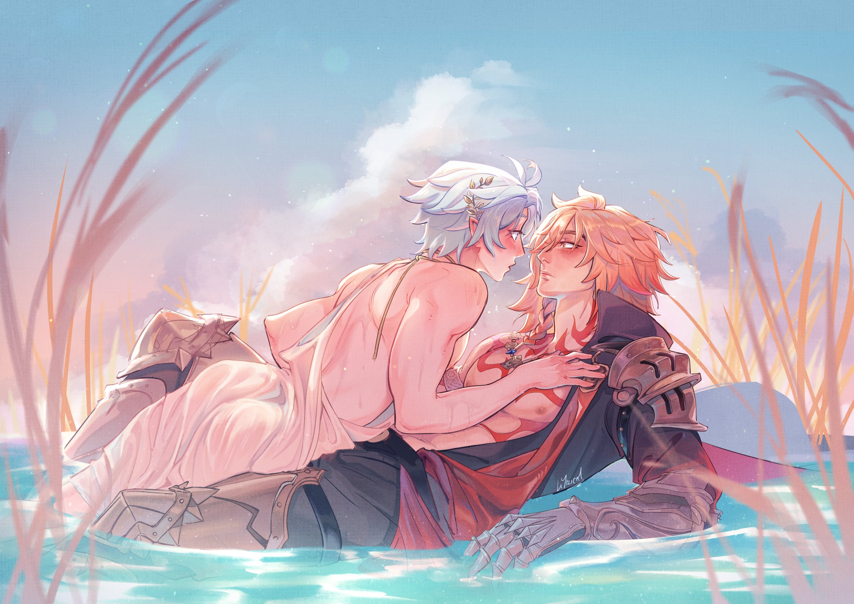 liyrical, mydei (honkai: star rail), phainon (honkai: star rail), honkai: star rail, honkai (series), commentary, english commentary, highres, 2boys, ancient greek clothes, antenna hair, arm tattoo, armlet, bare pectorals, black coat, black pants, blonde hair, blue eyes, blue sky, blush, braid, chest tattoo, chiton, clawed gauntlets, coat, earrings, facial tattoo, from side, gold earrings, gold necklace, gradient hair, greco-roman clothes, jewelry, laurel crown, leg armor, male focus, medium hair, multicolored hair, multiple boys, necklace, open clothes, open coat, pants, pectorals, profile, red hair, red tattoo, short hair, side braid, sky, tattoo, wet, wet clothes, wet hair, white hair, yaoi, yellow eyes