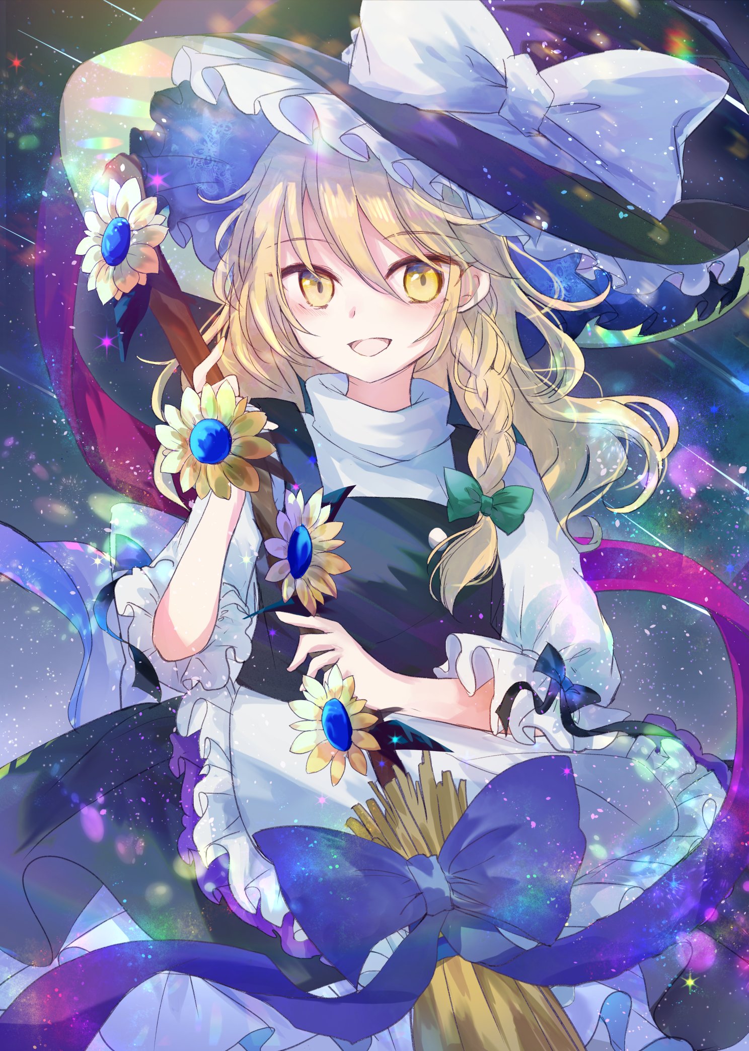 kazu (muchuukai), kirisame marisa, touhou, commentary request, highres, 1girl, :d, apron, black hat, black skirt, black vest, blonde hair, blue bow, bow, braid, broom, cowboy shot, flower, green bow, hair between eyes, hair bow, hat, hat bow, holding, holding broom, long hair, looking at viewer, open mouth, puffy short sleeves, puffy sleeves, purple ribbon, ribbon, shirt, short sleeves, side braid, single braid, skirt, smile, solo, vest, waist apron, white apron, white bow, white shirt, witch hat, yellow eyes, yellow flower