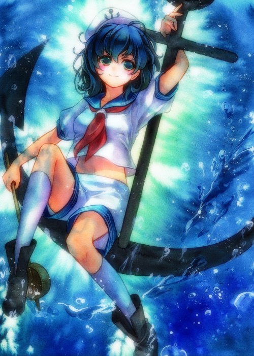 geroro, murasa minamitsu, touhou, bad id, bad pixiv id, painting (medium), traditional media, watercolor (medium), 1girl, anchor, blue eyes, blue hair, female focus, hat, matching hair/eyes, navel, sailor, sailor hat, shorts, solo