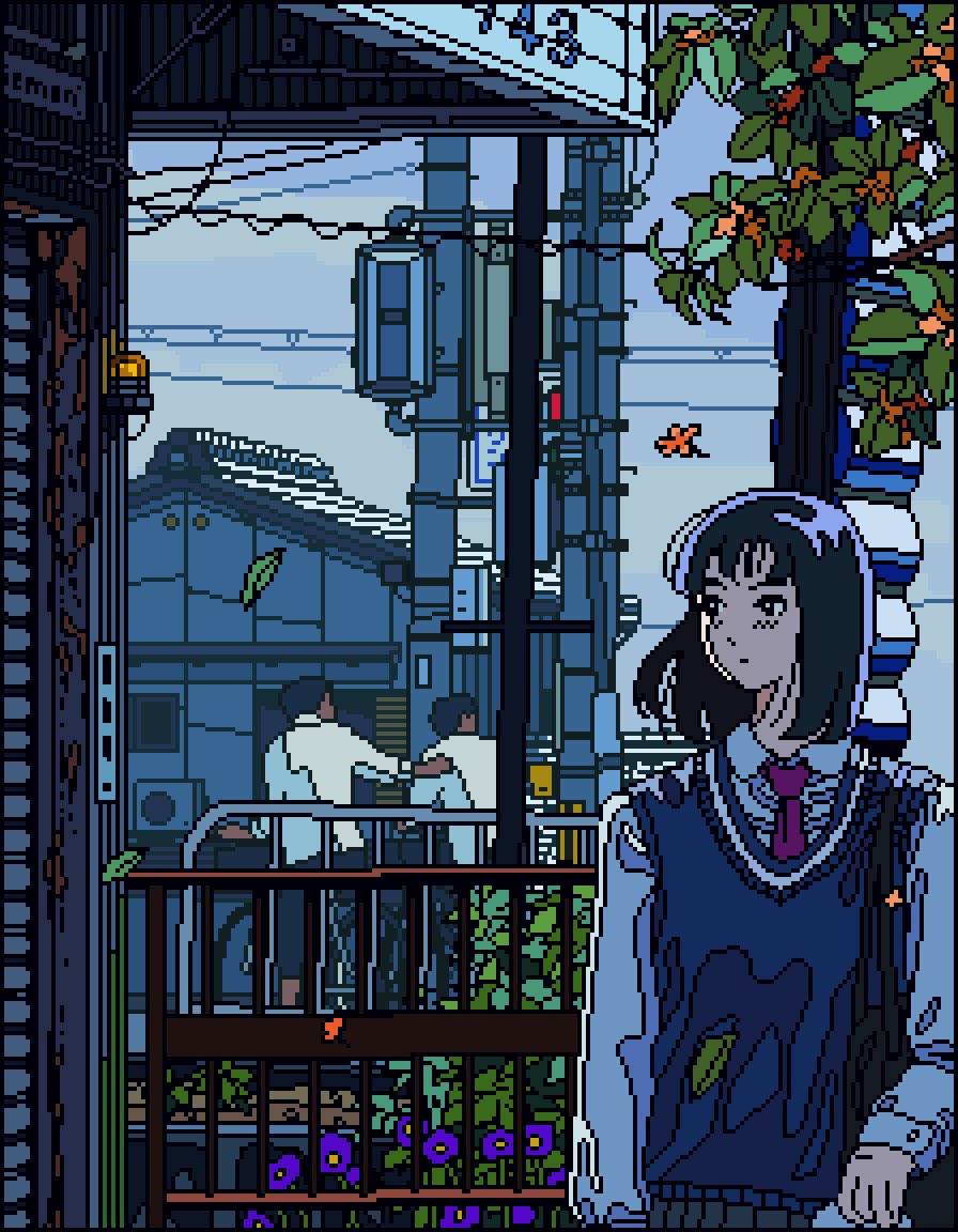 iemon (iweymon), original, hashtag-only commentary, 1girl, 2boys, bag, black bag, black hair, blue sweater vest, building, collared shirt, expressionless, falling leaves, flower, grey sky, leaf, long sleeves, medium hair, multiple boys, necktie, outdoors, pixel art, purple flower, purple necktie, railing, shirt, sky, sweater vest, utility pole, wind