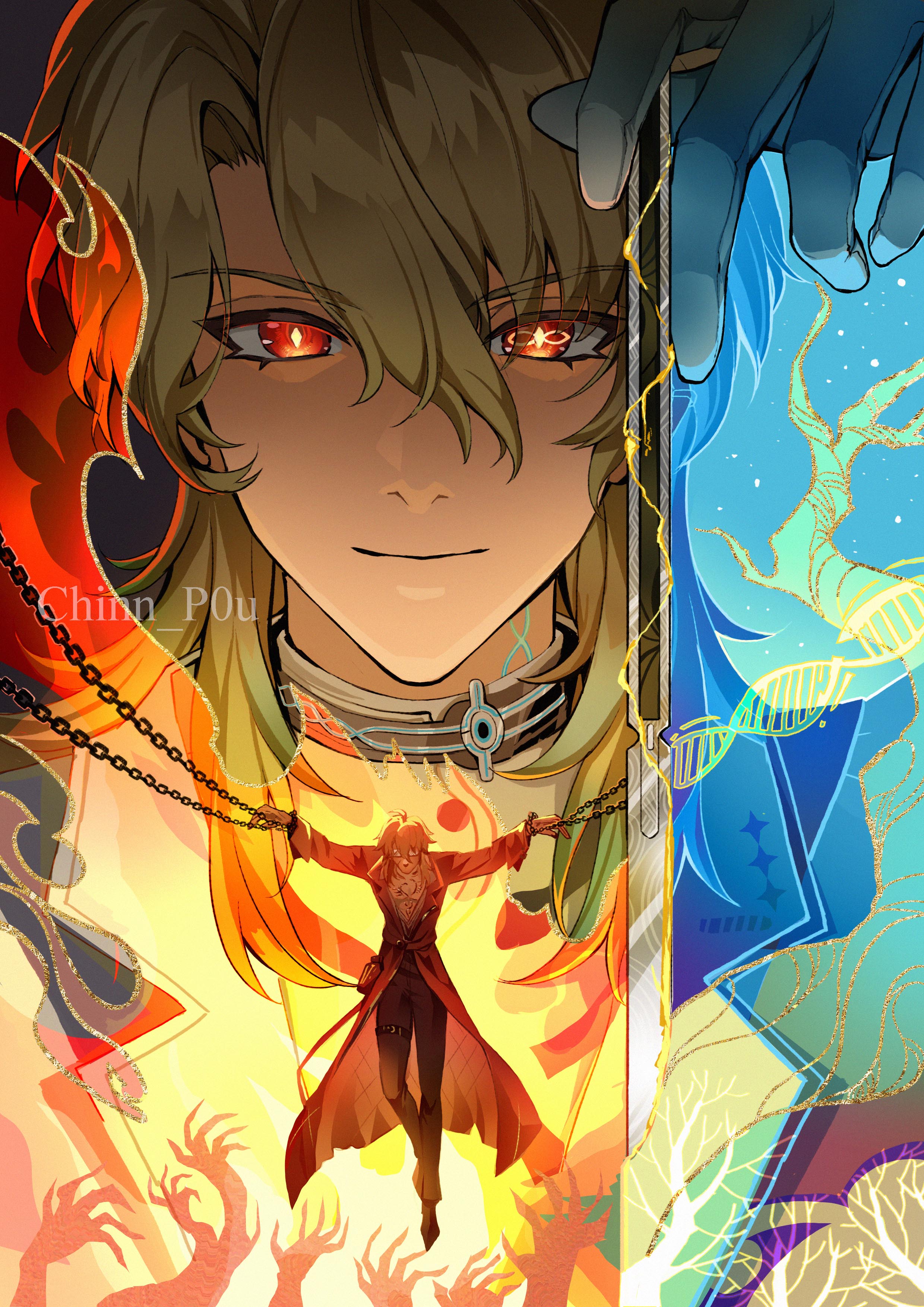 chinnpou, luuk herssen (wuthering waves), wuthering waves, absurdres, commentary, hashtag-only commentary, highres, 1boy, black pants, blonde hair, chained wrists, closed mouth, coat, gloves, hair between eyes, hand up, holding, holding scalpel, long hair, looking at viewer, male focus, multiple views, pants, red coat, red eyes, scalpel, smile, straight-on, white gloves, yellow pupils