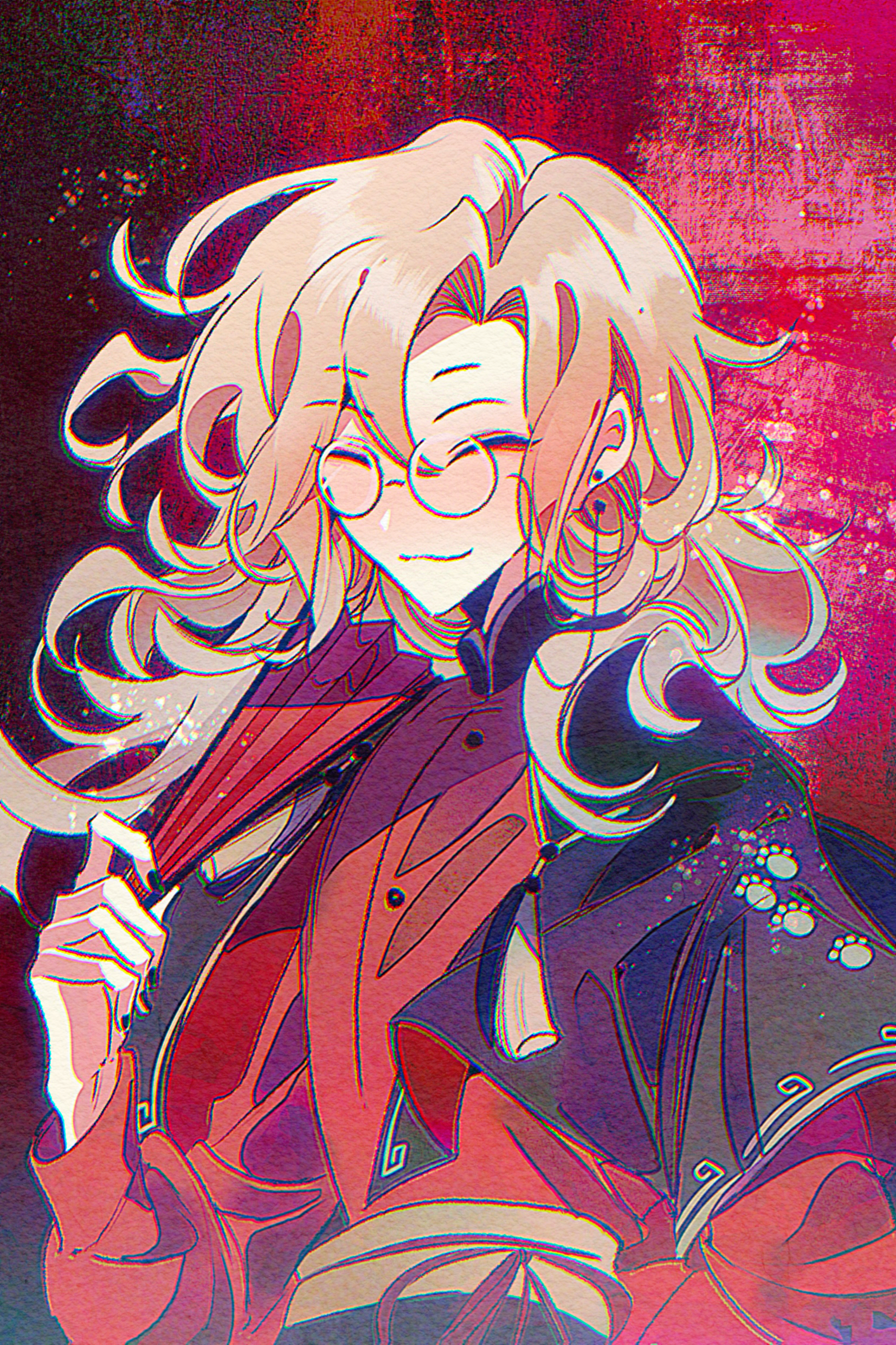 ximuzi, luo xiaohei zhanji, absurdres, highres, 1boy, :3, black cape, black nails, brown hair, cape, chinese clothes, closed eyes, curtained hair, earrings, eyeliner, eyewear strap, facing viewer, folding fan, glasses, hair between eyes, hand fan, hand up, holding, holding fan, jewelry, long hair, long sleeves, makeup, male focus, mandarin collar, nail polish, paw print, paw print pattern, red background, red eyeliner, red shirt, round eyewear, sash, shirt, solo, stud earrings, tassel, upper body, waist sash, wavy hair, yecai baozi, yellow sash