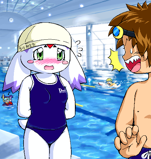 g-sun, culumon, impmon, lee jianliang, matsuda takato, digimon, digimon tamers, 00s, 1girl, 3boys, animal, animal ears, arms behind back, blue male swimwear, blue one-piece swimsuit, blue school swimsuit, blue swim trunks, blush, blush stickers, bodyboard, breasts, brown hair, ceiling, cleavage, digimon (creature), embarrassed, eyewear on head, facial mark, flying sweatdrops, forehead mark, furry, goggles, goggles on head, green eyes, lane line, looking at another, male swimwear, multiple boys, nipples, oekaki, one-piece swimsuit, open mouth, pool, school swimsuit, sharp teeth, short hair, small breasts, standing, surprised, sweatdrop, swim cap, swim goggles, swimming, swimsuit, tail, teeth, topless male, water, white fur, white swimcap