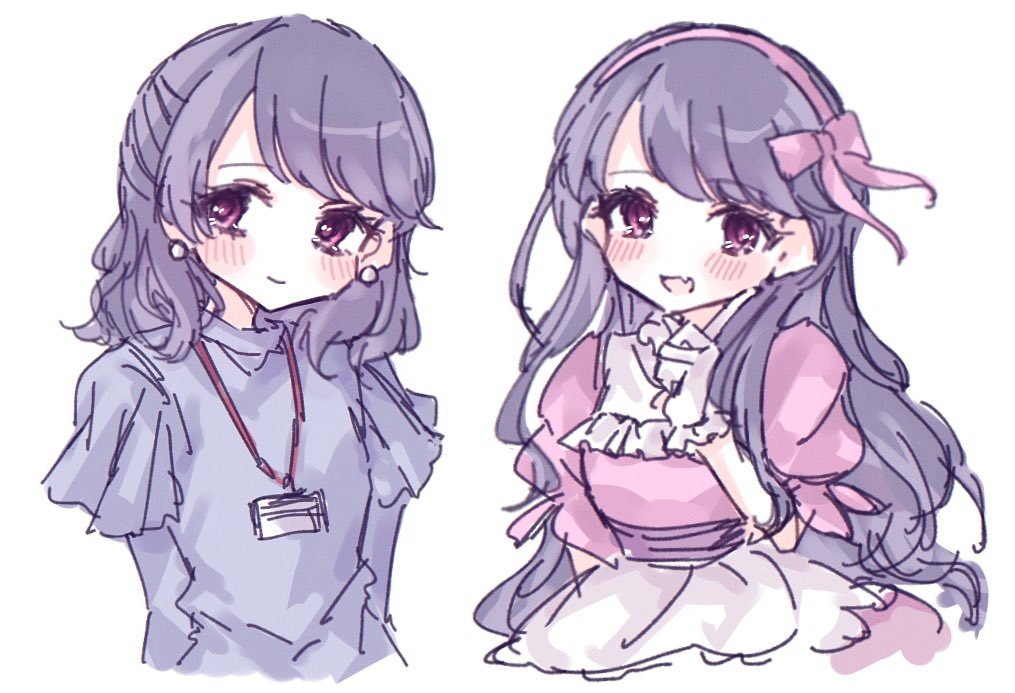 fukumaru koito, idolmaster, idolmaster shiny colors, commentary request, 2525su88, black hair, dress, earrings, finger to cheek, floating hair, frilled dress, frilled gloves, frills, gloves, grey dress, hair ornament, headband, id card, jewelry, lanyard, long hair, looking at viewer, office lady, official alternate costume, pearl earrings, pink dress, pink ribbon, puffy sleeves, purple eyes, ribbon, simple background, swept bangs, wavy hair, white background, white gloves