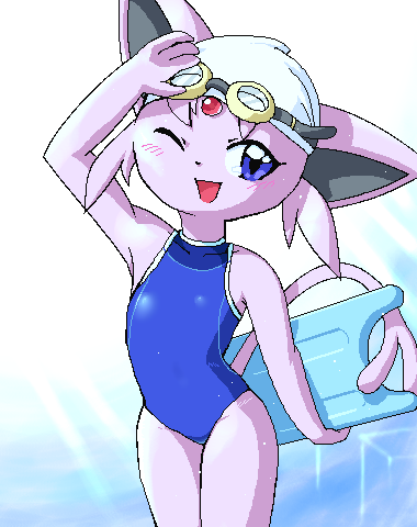g-sun, espeon, nintendo, pokemon, lowres, 1girl, animal, animal ears, blue eyes, blue one-piece swimsuit, blue school swimsuit, blush, bodyboard, cat, cat ears, cat girl, cat tail, cloud, eyewear on head, facial mark, flat chest, forehead mark, furry, gem, gen 2 pokemon, goggles, goggles on head, light rays, loli, looking at viewer, nekomata, one-piece swimsuit, one eye closed, open mouth, pokemon (creature), purple fur, red gemstone, school swimsuit, sky, smile, standing, sun, sunbeam, sunlight, swim cap, swim goggles, swimsuit, tail, wet, white swimcap, wink