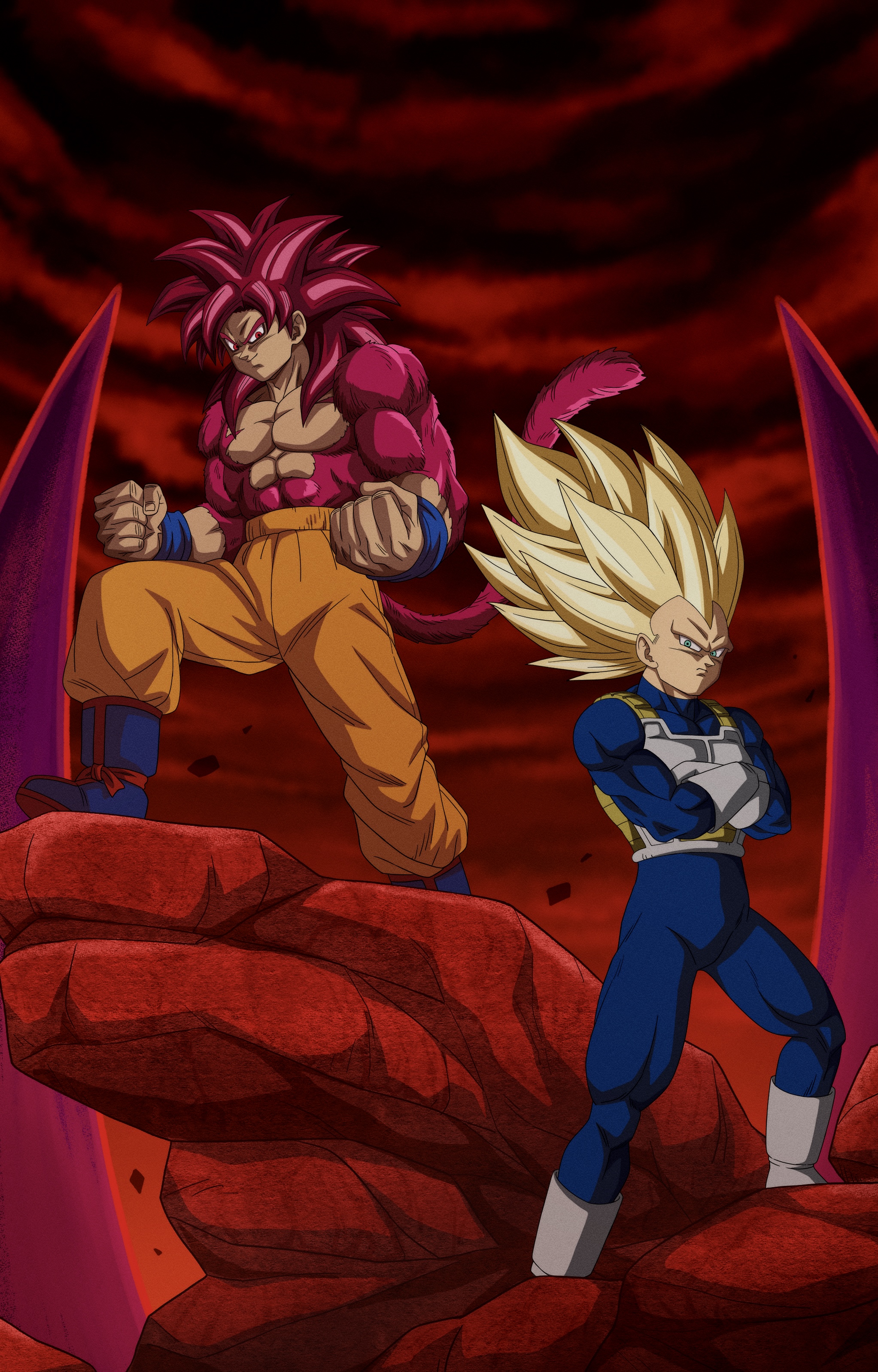 buraku black, son goku, vegeta, dragon ball, dragon ball daima, absurdres, commentary request, highres, 2boys, blonde hair, blue bodysuit, blue boots, blue wrist cuffs, body fur, bodysuit, boots, clenched hands, crossed arms, full body, gloves, green eyes, male focus, monkey tail, multiple boys, muscular, muscular male, no eyebrows, orange pants, pants, red eyes, red fur, red hair, red tail, spiked hair, standing, super saiyan, super saiyan 3, super saiyan 4, tail, white boots, white gloves, wrist cuffs