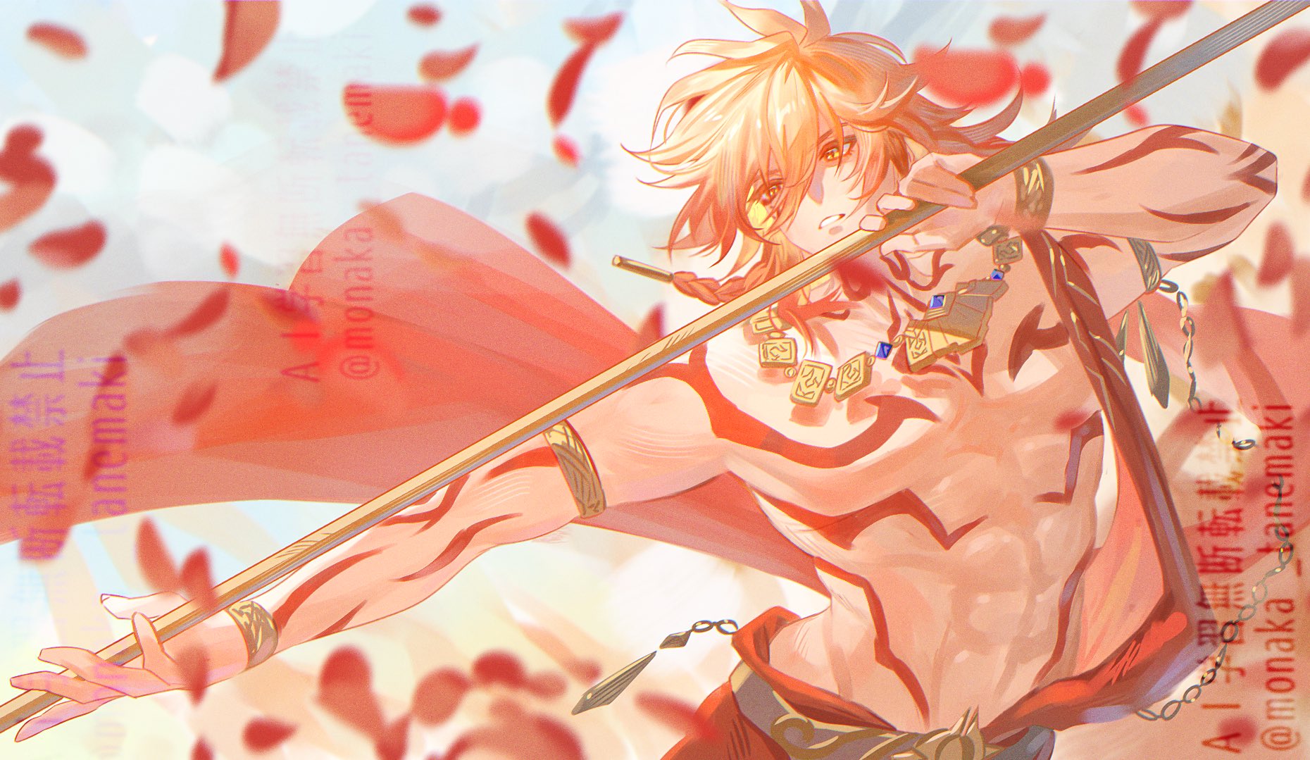 tanemaki monaka, mydei (honkai: star rail), honkai: star rail, honkai (series), commentary, highres, 1boy, abs, arm tattoo, armlet, blonde hair, blue sky, bracelet, braid, cape, chest tattoo, clawed gauntlets, facial tattoo, falling petals, floating cape, gold bracelet, gold necklace, gradient hair, holding, holding polearm, holding weapon, jewelry, male focus, medium hair, multicolored hair, necklace, parted lips, pectorals, petals, polearm, red cape, red hair, red tattoo, side braid, side cape, sky, solo, tattoo, toned, toned male, watermark, weapon, yellow eyes