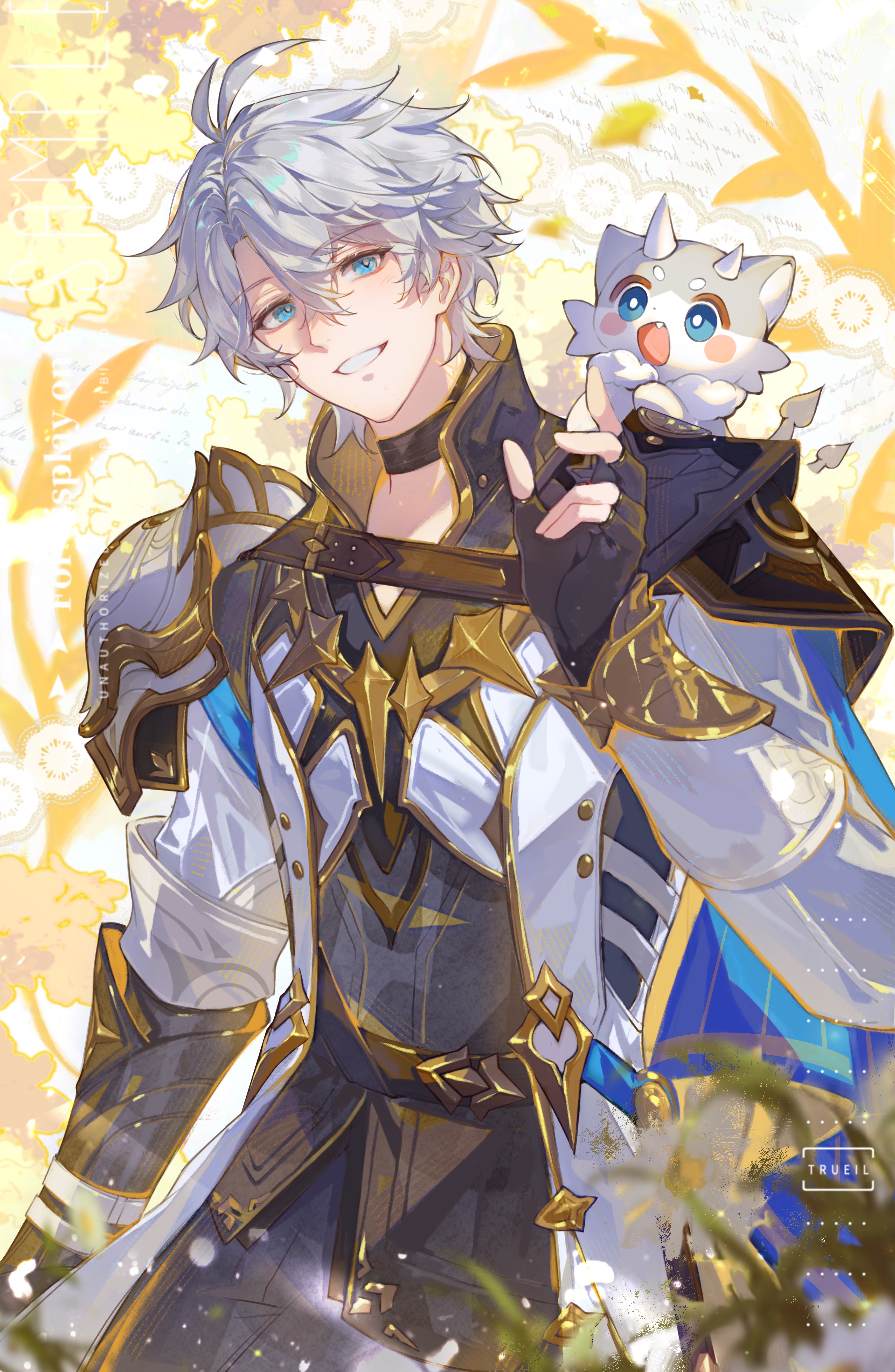 jyisheng, chimera (honkai: star rail), phainon (honkai: star rail), phainon (vigethos) (honkai: star rail), honkai: star rail, honkai (series), absurdres, chinese commentary, commentary request, highres, 1boy, antenna hair, armor, black choker, black gloves, black shirt, blue cape, blue eyes, cape, choker, coat, cowboy shot, creature, creature on shoulder, fingerless gloves, gloves, male focus, neck tattoo, on shoulder, parted bangs, pauldrons, shirt, short hair, shoulder armor, single pauldron, solo, sun symbol, sun tattoo, tan, tattoo, watermark, white coat, white hair