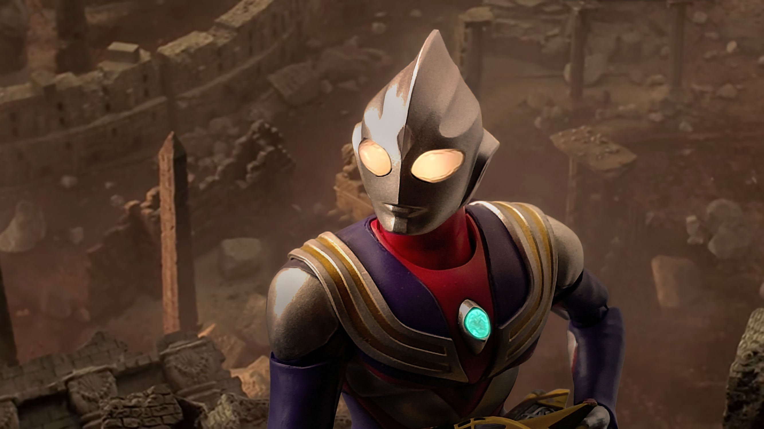 love894anon, ultraman tiga, ultraman tiga (multi type), sh figuarts, tokusatsu, ultra series, ultraman tiga: the final odyssey, ultraman tiga (series), commentary, highres, photo (medium), 1boy, aircraft, airplane, alien, armor, breastplate, color timer, colored skin, compound eyes, crystal, dorsal fin, fighter jet, figure (medium), forehead jewel, giant, giant male, glowing, glowing eyes, gradient eyes, guts wing, holding, looking up, male focus, military vehicle, multicolored eyes, multicolored skin, no pupils, outdoors, pectorals, purple skin, red skin, rubble, ruins, silver skin, solo, toned, toned male, tower, upper body, white eyes, wrinkled skin, yellow eyes