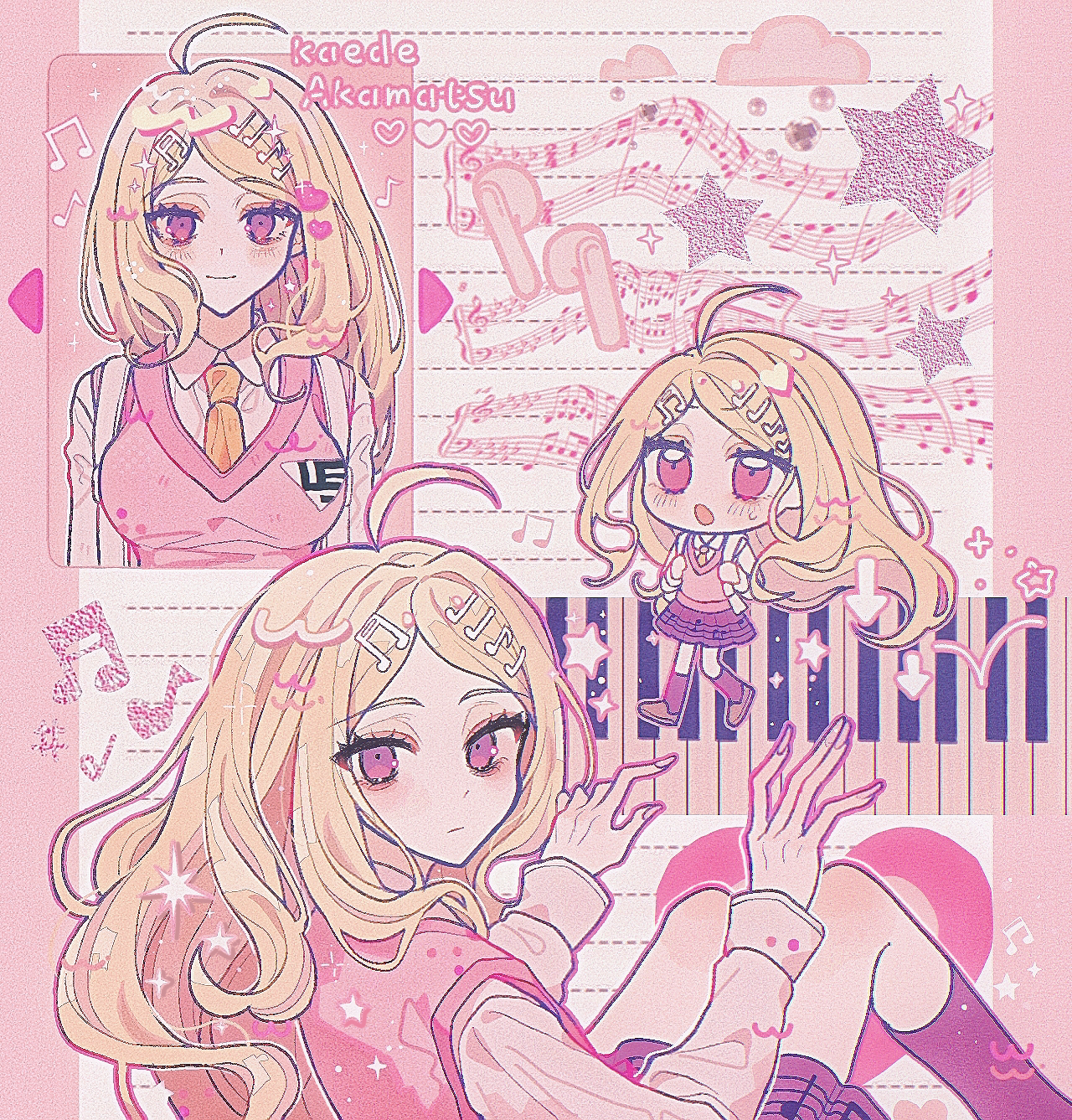 akamatsu kaede, danganronpa (series), danganronpa v3: killing harmony, commentary, highres, 1girl, ahoge, arrow (symbol), blonde hair, blush, breasts, character name, chibi, collared shirt, crest, eyelashes, film grain, fortissimo, hair ornament, heart, instrument, kneehighs, long hair, long sleeves, looking at viewer, musical note, musical note hair ornament, musical note print, necktie, outline, piano, pink outline, pink sweater vest, pink theme, pink vest, pleated skirt, purple eyes, school uniform, shirt, skirt, smile, socks, star (symbol), sweater vest, user jxyx4535, vest, white bag, white shirt