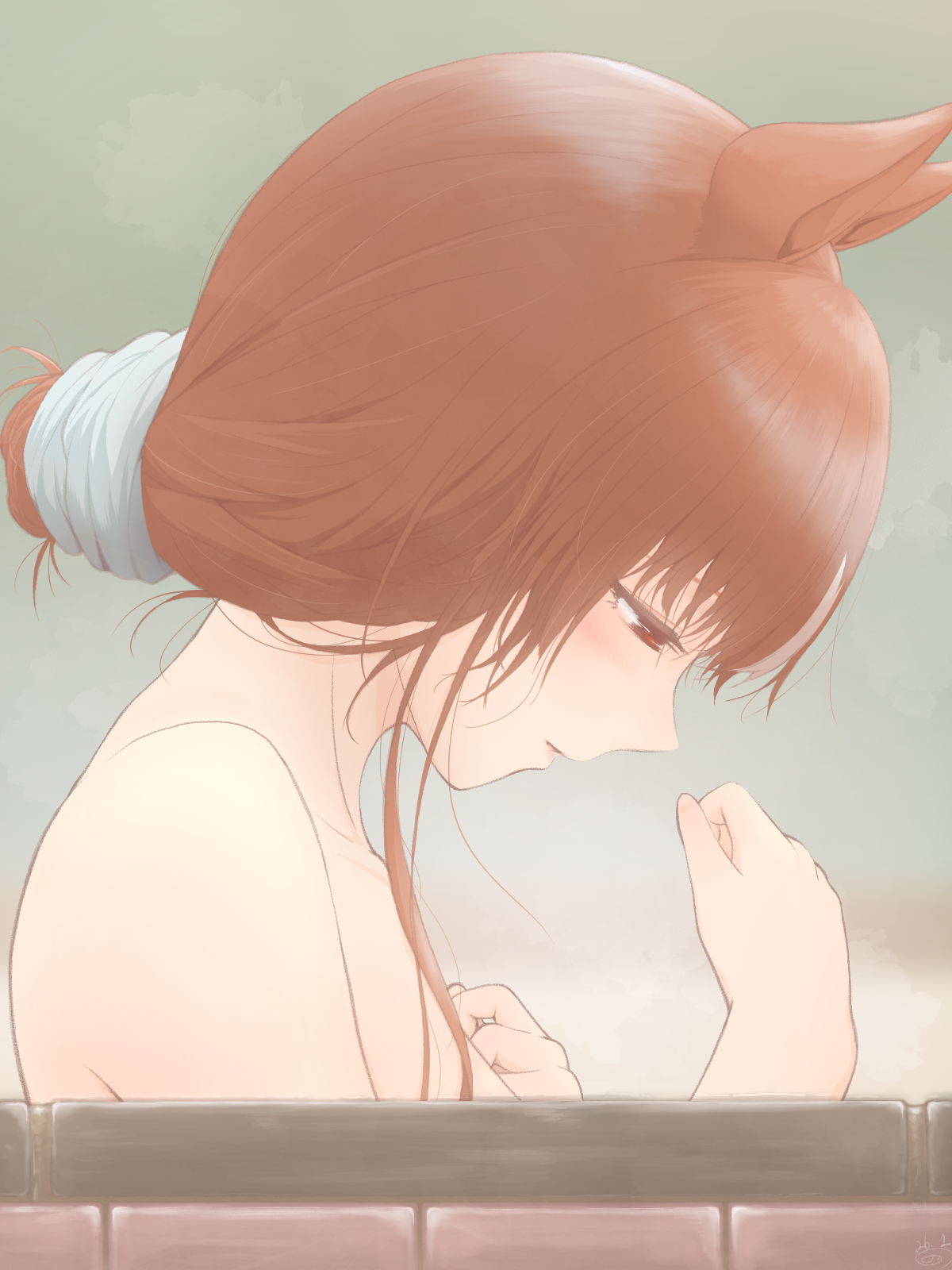 still in love (umamusume), umamusume, commentary request, highres, 1girl, animal ears, bare shoulders, breasts, brown hair, collarbone, from side, hair between eyes, hair bun, half-closed eyes, hand up, head down, horse ears, horse girl, mitsuno, multicolored hair, red eyes, simple background, small breasts, streaked hair, upper body, white streaks