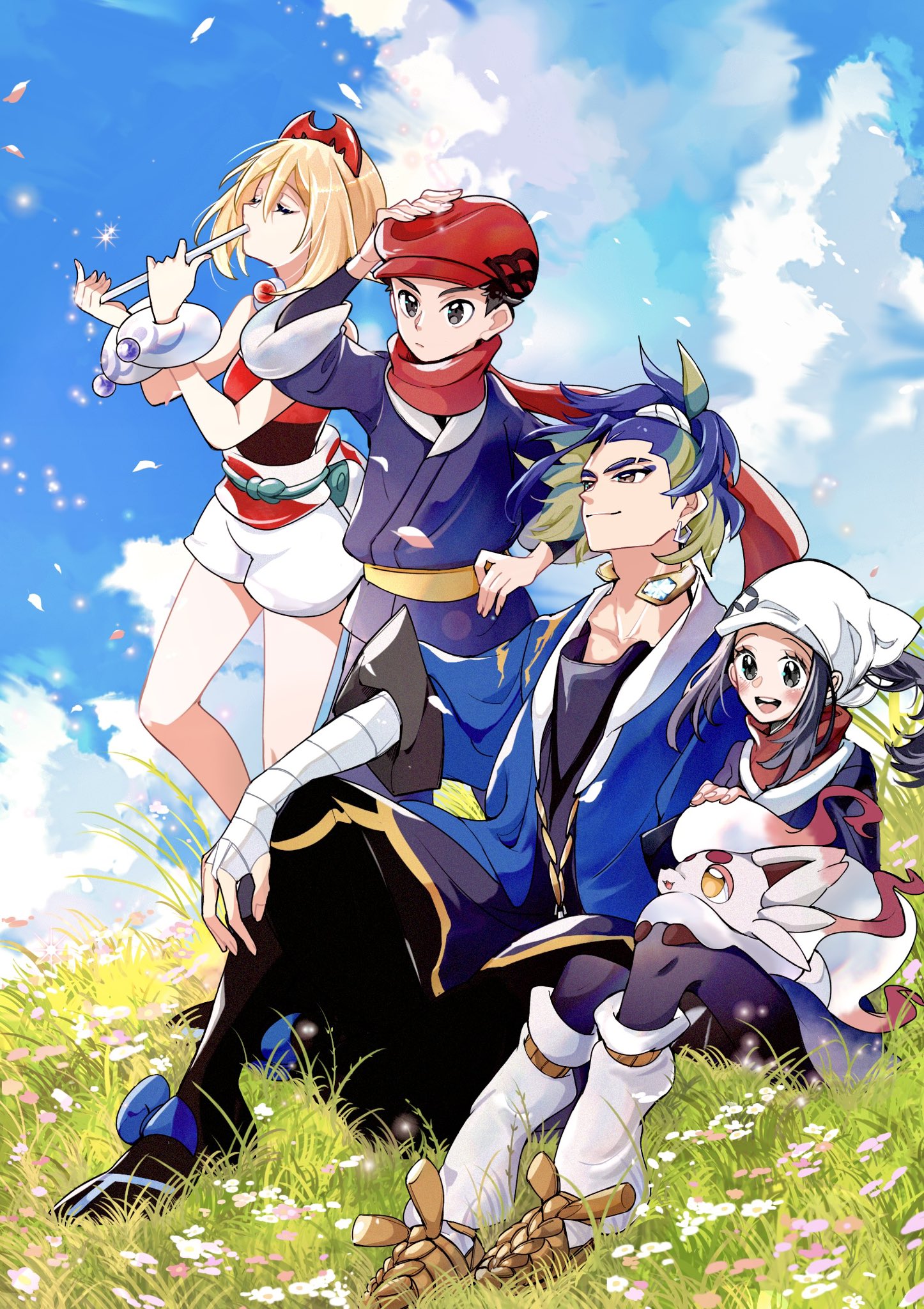 cocoa s3, adaman (pokemon), akari (pokemon), hisuian zorua, irida (pokemon), rei (pokemon), nintendo, pokemon, pokemon legends: arceus, commentary request, highres, 2boys, 2girls, arm wrap, black hair, black pantyhose, blonde hair, blue coat, blue hair, blue sky, blush, bracelet, breasts, brown eyes, celestica flute, closed eyes, closed mouth, cloud, coat, eyebrow cut, eyelashes, fangs, flute, galaxy expedition team survey corps uniform, grass, green hair, grey eyes, grey jacket, hair between eyes, hairband, hat, headscarf, holding, holding flute, holding instrument, instrument, jacket, jewelry, long hair, multicolored hair, multiple boys, multiple girls, music, neck ring, open mouth, outdoors, pants, pantyhose, playing flute, playing instrument, pokemon (creature), ponytail, red hairband, red hat, red scarf, red shirt, sash, scarf, shirt, shoes, short hair, shorts, sidelocks, sitting, sky, smile, socks, strapless, strapless shirt, waist cape, white headscarf, white shorts, white socks, yellow eyes