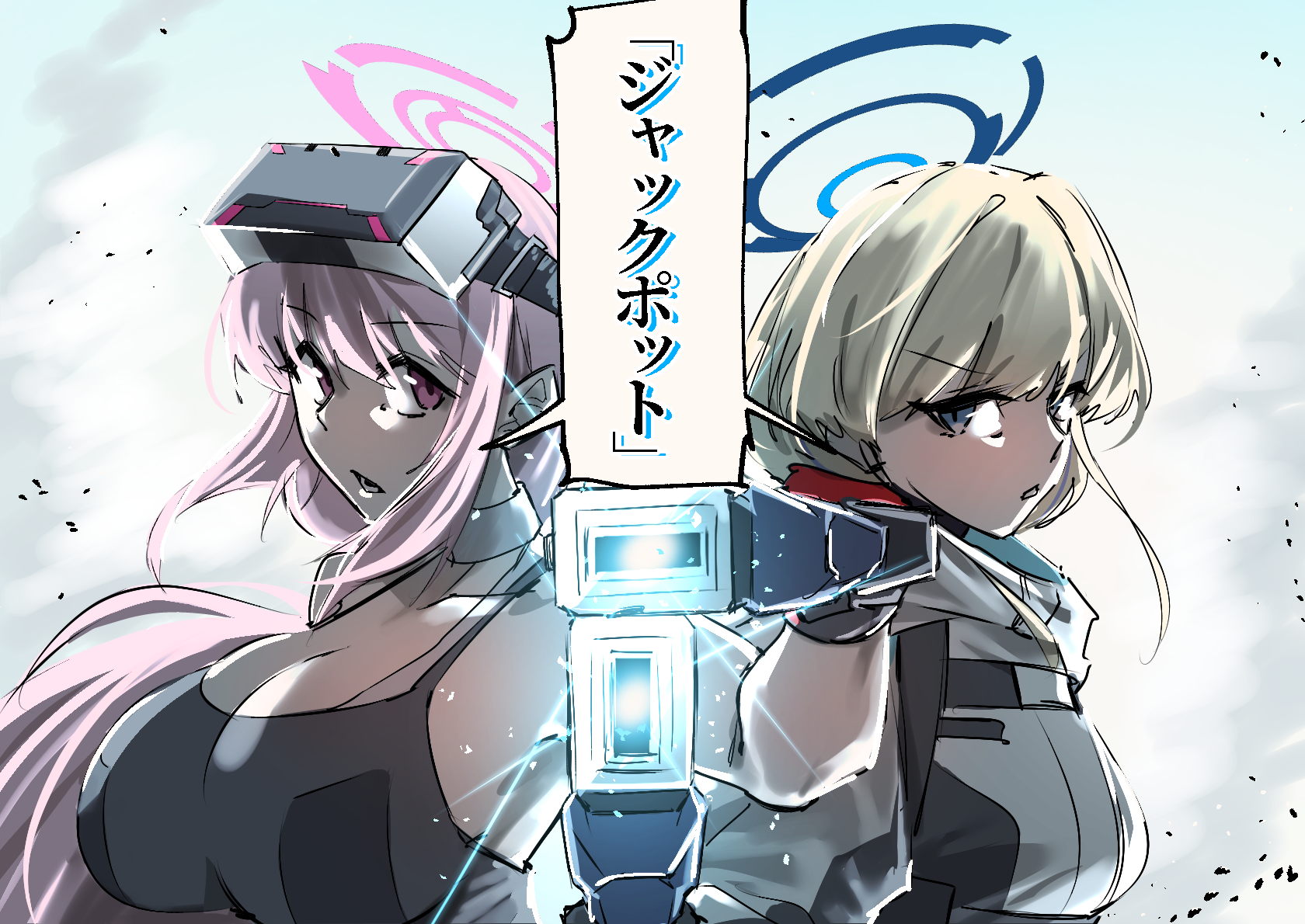 ganma (nicoseiga52595768), eimi (battlesuit) (blue archive), eimi (blue archive), toki (blue archive), blue archive, devil may cry, devil may cry (series), devil may cry 3, commentary request, highres, translation request, 2boys, aiming, aiming at viewer, back-to-back, blonde hair, blue halo, breasts, cleavage, grey sports bra, gun, halo, handgun, holding, holding gun, holding weapon, jacket, large breasts, long hair, multiple boys, open mouth, parody, pink eyes, pink hair, pink halo, sports bra, toki (armed) (blue archive), upper body, weapon, white jacket