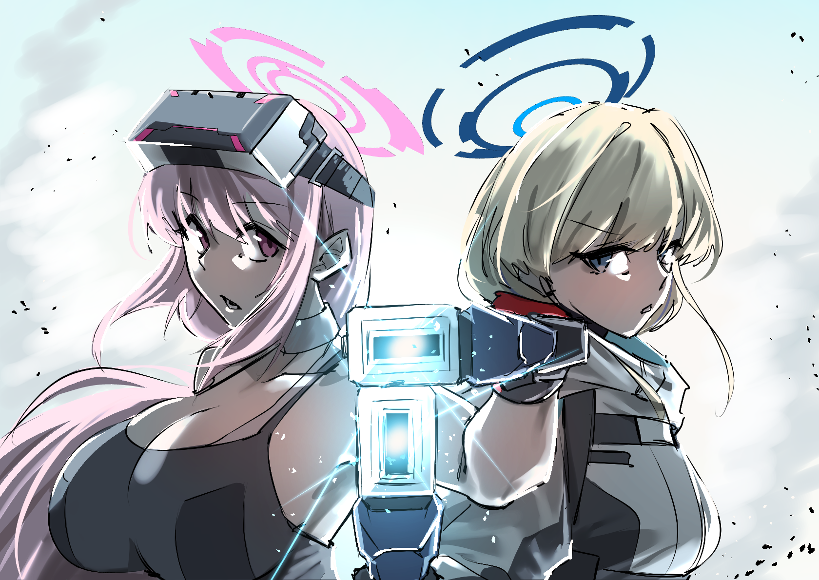 ganma (nicoseiga52595768), eimi (battlesuit) (blue archive), eimi (blue archive), toki (blue archive), blue archive, devil may cry, devil may cry (series), devil may cry 3, commentary request, highres, 2boys, aiming, aiming at viewer, back-to-back, blonde hair, blue eyes, blue halo, breasts, cleavage, grey sports bra, gun, halo, handgun, holding, holding gun, holding weapon, jacket, large breasts, long hair, looking at viewer, medium breasts, multiple boys, open mouth, parody, pink eyes, pink hair, pink halo, sports bra, toki (armed) (blue archive), upper body, weapon, white jacket