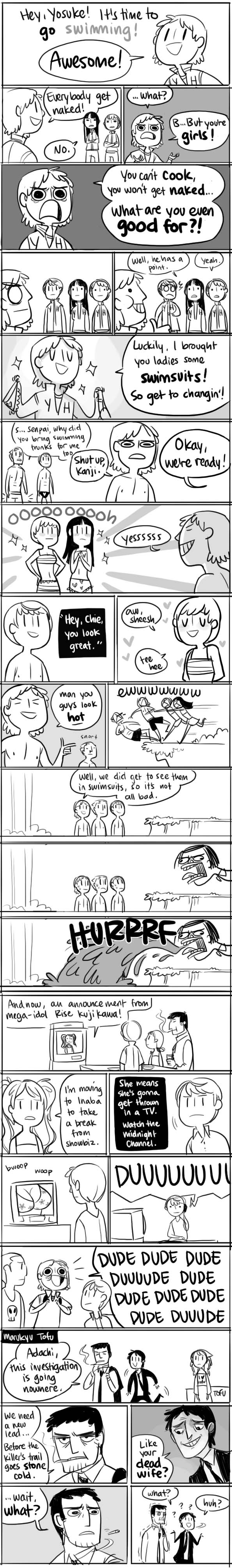 peachifruit, adachi tooru, amagi yukiko, doujima nanako, doujima ryoutarou, hanamura yousuke, kujikawa rise, morooka kinshirou, narukami yu, satonaka chie, tatsumi kanji, persona, persona 4, bad tag, english, absurdres, highres, long image, tall image, blood, breasts, cleavage, clothes writing, comic, monochrome, nosebleed, parody, troll face