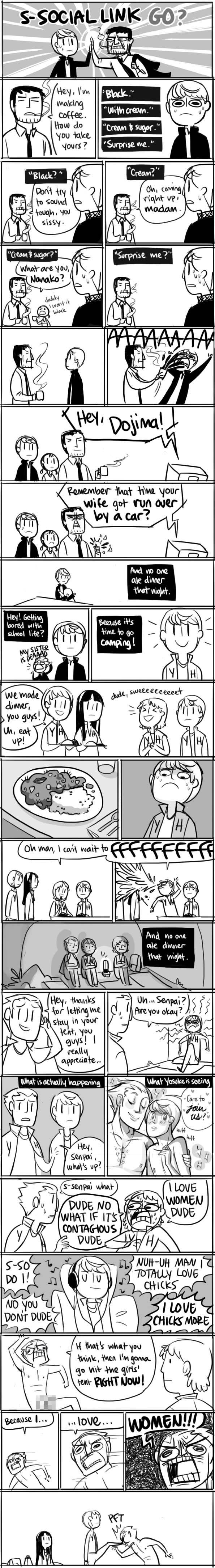 peachifruit, amagi yukiko, doujima nanako, doujima ryoutarou, hanamura yousuke, konishi naoki, narukami yu, satonaka chie, tatsumi kanji, persona, persona 4, bad tag, english, absurdres, highres, long image, tall image, bad food, censored, comic, monochrome, mosaic, nude, parody, yaoi