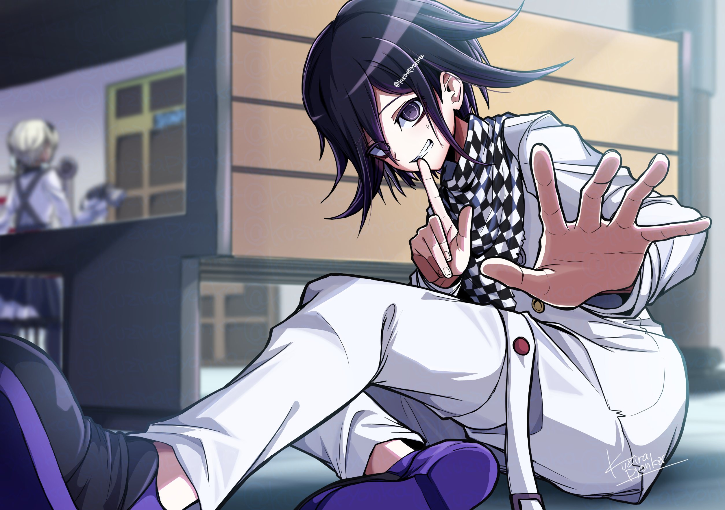 kujira pyon ka, oma kokichi, tojo kirumi, danganronpa (series), danganronpa v3: killing harmony, commentary, highres, 1boy, 1girl, black hair, blurry, blurry background, checkered clothes, checkered scarf, criss-cross back-straps, depth of field, finger to mouth, flipped hair, foreshortening, from side, grey hair, hair between eyes, hiding, long sleeves, looking at viewer, male focus, nervous smile, nervous sweating, pants, purple eyes, purple hair, reaching, reaching towards viewer, ringed eyes, scarf, shirt, short hair, shushing, sidelighting, signature, sitting, smile, solo focus, sweat, teeth, thigh strap, twitter username, two-tone scarf, white shirt