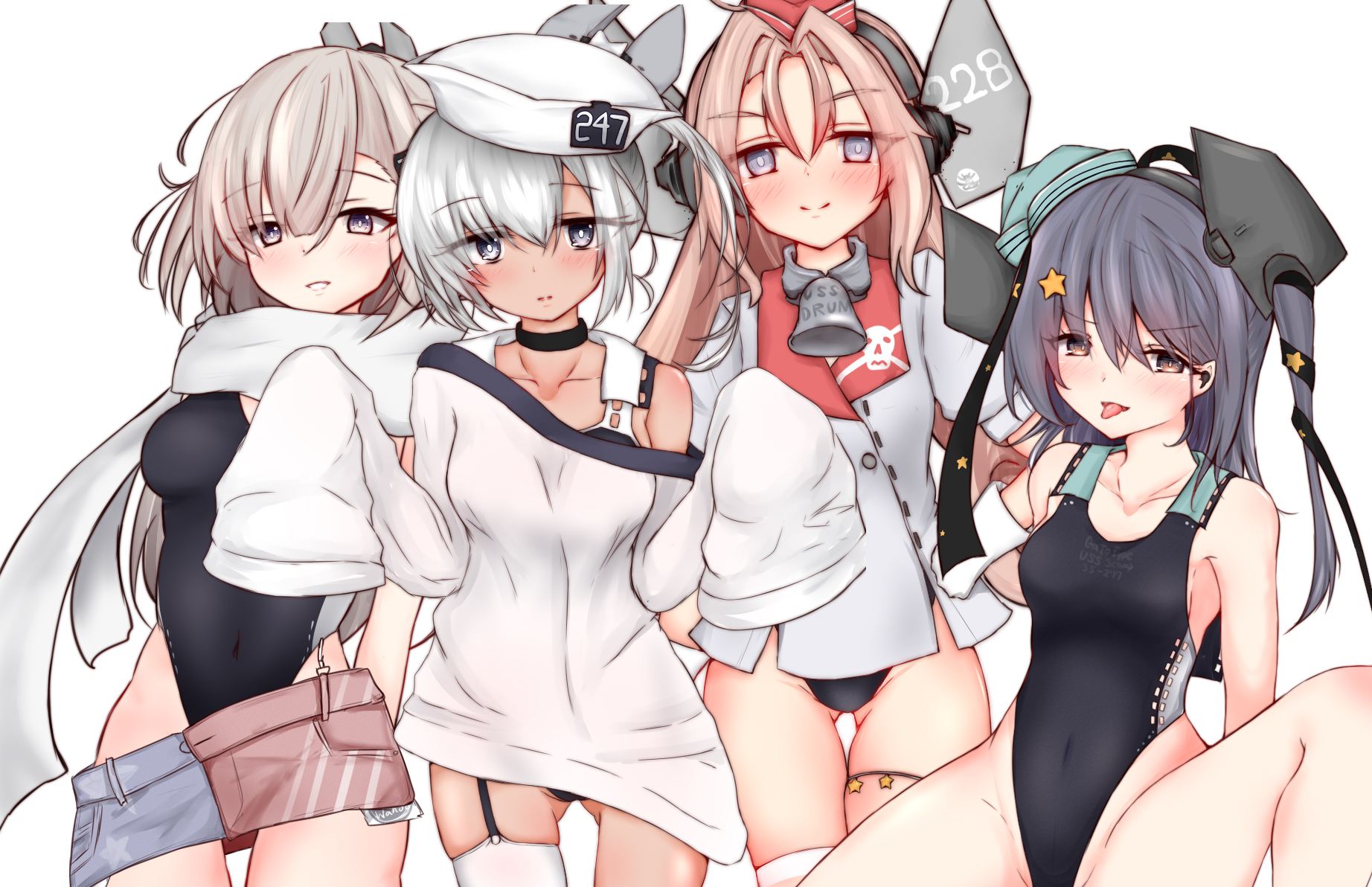 yuki (yukineko-nyaa), dace (kancolle), drum (kancolle), scamp (kancolle), wahoo (kancolle), kantai collection, commentary request, highres, translation request, ahoge, american flag, american flag print, aqua hat, arms behind back, bell, black one-piece swimsuit, blush, breasts, covered navel, cowboy shot, dixie cup hat, flag print, garrison cap, garter straps, gloves, gluteal fold, grey eyes, grey hair, hair between eyes, hair ornament, hand on own hip, hat, headgear, heart, highleg, highleg one-piece swimsuit, jacket, long hair, looking at viewer, medium breasts, military hat, miniskirt, neck bell, one-piece swimsuit, one side up, pink hair, purple eyes, red hat, scarf, shirt, short sleeves, side ponytail, simple background, single garter strap, single thighhigh, skirt, skull print, sleeves past fingers, sleeves past wrists, star (symbol), star hair ornament, swimsuit, swimsuit under clothes, thigh strap, thighhighs, tongue, tongue out, two-tone one-piece swimsuit, very long hair, white background, white gloves, white hat, white scarf, white shirt, white thighhighs