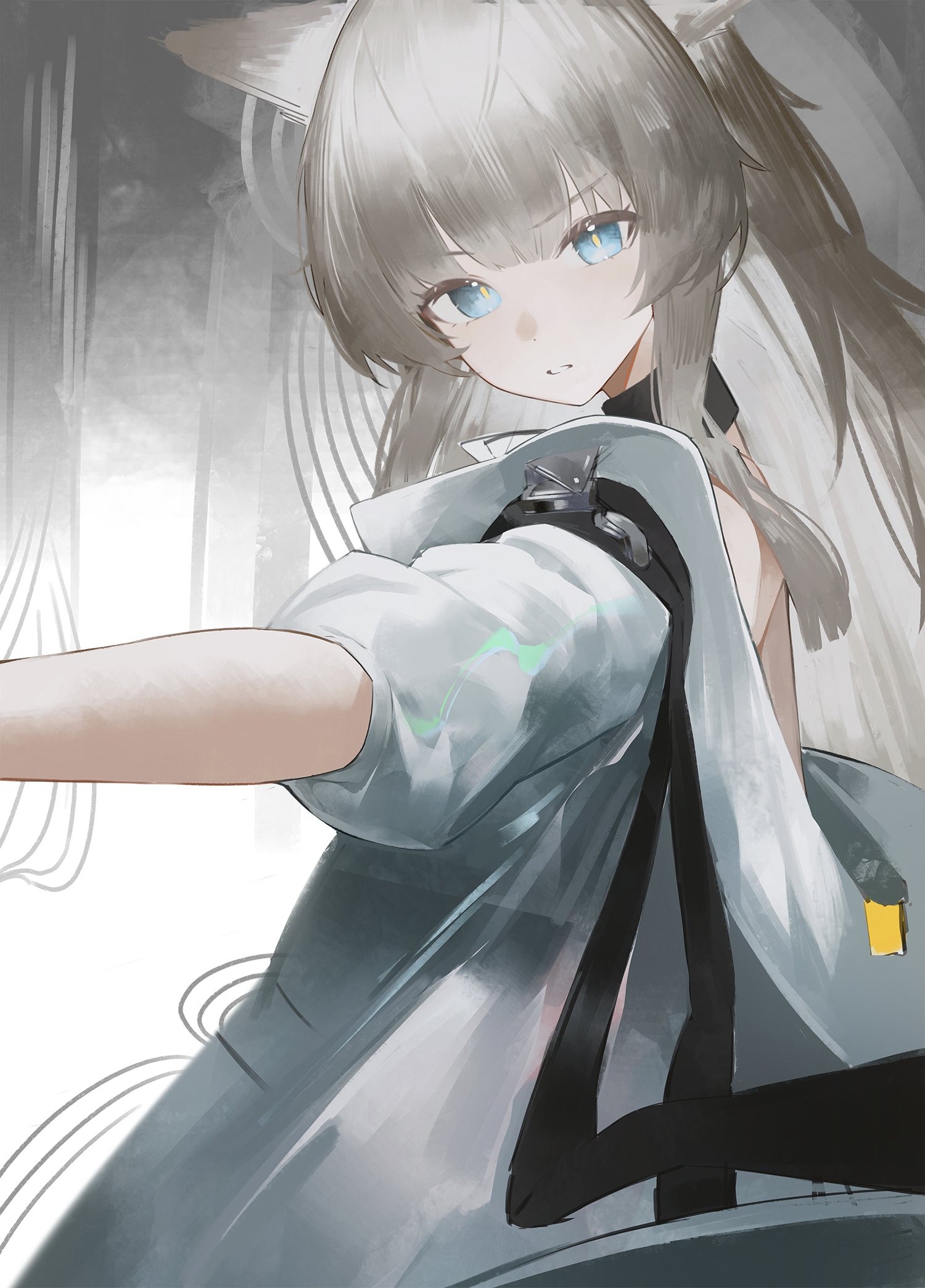 perlica (arknights), arknights, arknights: endfield, commentary, highres, symbol-only commentary, 1girl, animal ears, back, bird ears, bird girl, blue eyes, dot nose, grey background, grey hair, jacket, long hair, long sidelocks, looking at viewer, off shoulder, parted lips, sidelocks, sla2h help, solo, upper body, white jacket, yellow pupils