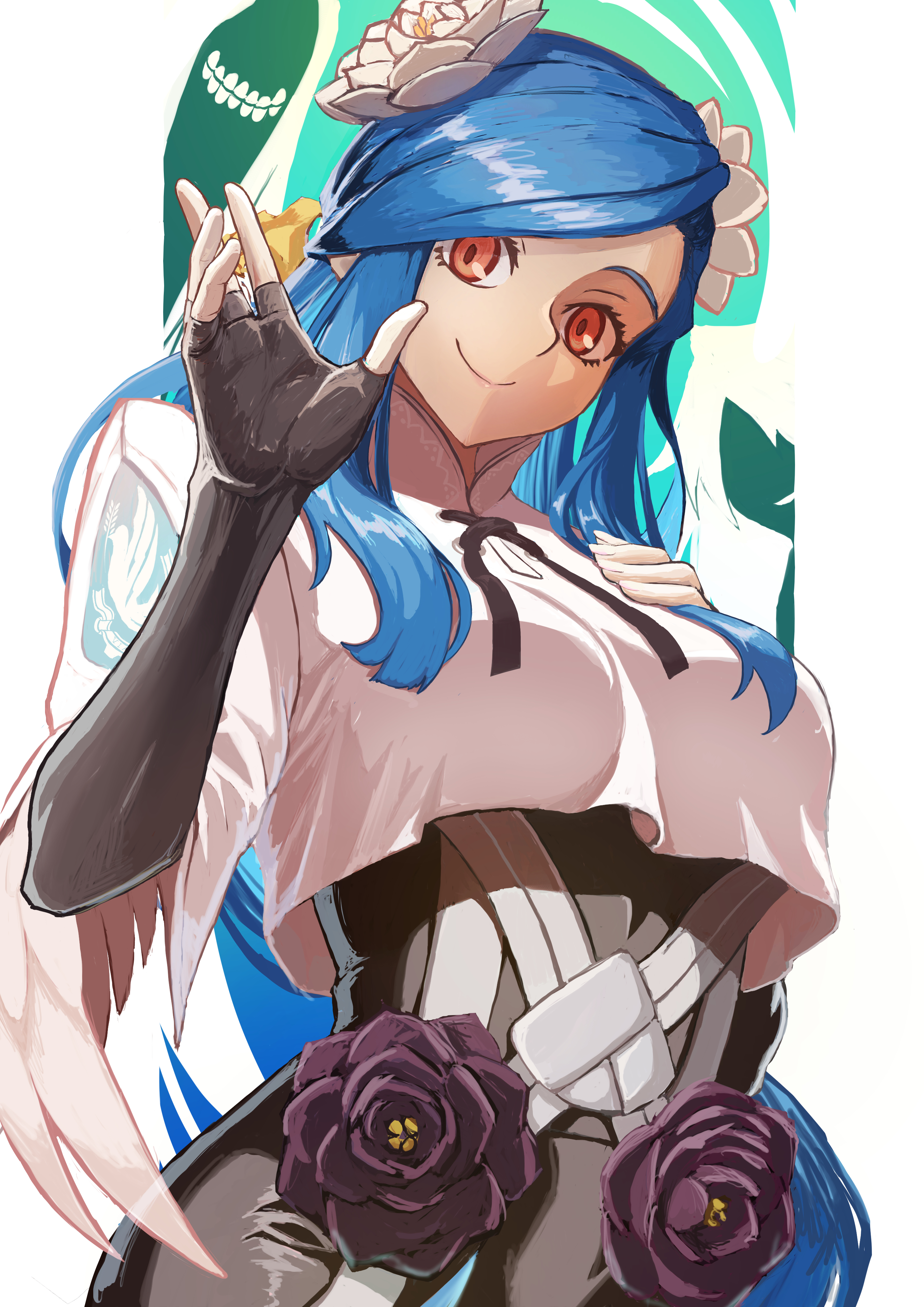 dizzy (guilty gear), necro (guilty gear), queen dizzy, undine (guilty gear), guilty gear, guilty gear strive, absurdres, commentary request, highres, 1girl, angel wings, black dress, black flower, blue hair, border, breasts, closed mouth, crop top, crop top overhang, dress, fingerless gloves, flower, gloves, hair flower, hair ornament, hand on own chest, katohisui, large breasts, long hair, looking at viewer, mature female, red eyes, sidelocks, smile, swept bangs, waving, white border, white flower, wings, yellow flower