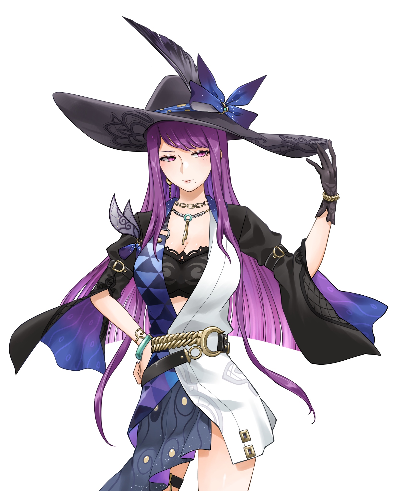 midori no baku, ivy (fire emblem), jade (honkai: star rail), fire emblem, fire emblem engage, honkai: star rail, honkai (series), nintendo, commentary, commission, english commentary, highres, second-party source, 1girl, alternate costume, black bra, black gloves, black hat, bra, breasts, chain, chain bracelet, chain necklace, cleavage, cosplay, gloves, hat, hat feather, jade (honkai: star rail) (cosplay), jewelry, large hat, leg belt, mole, mole under mouth, necklace, purple eyes, purple hair, single glove, solo, underwear