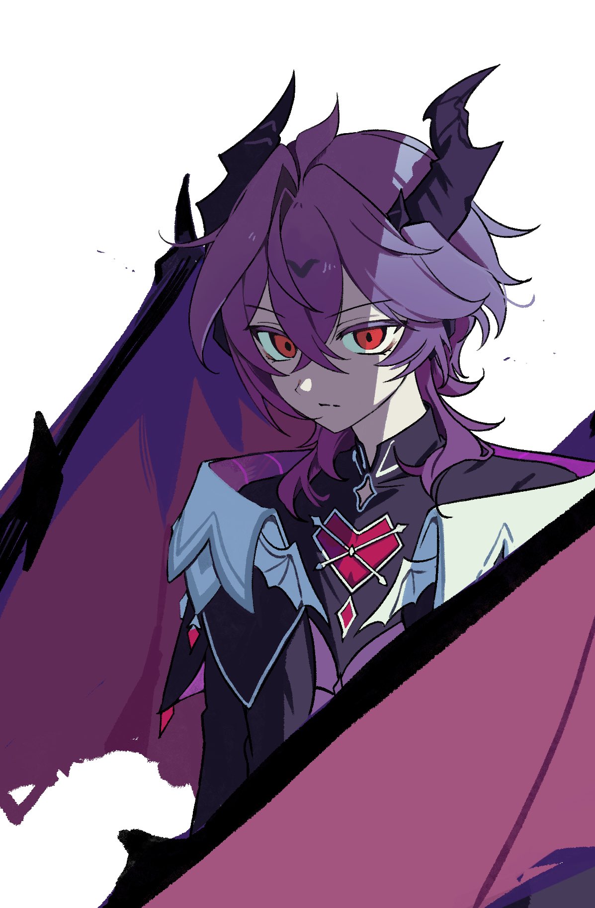 ttuyer0, durin (genshin impact), genshin impact, highres, 1boy, black capelet, black horns, black jacket, black shirt, black wings, capelet, closed mouth, colored eyelashes, crossed bangs, dragon boy, dragon horns, dragon wings, expressionless, hair between eyes, horns, jacket, long sleeves, looking at viewer, male focus, medium hair, open clothes, open jacket, purple hair, purple shirt, red eyes, shirt, simple background, single hair intake, solo, upper body, white background, wings