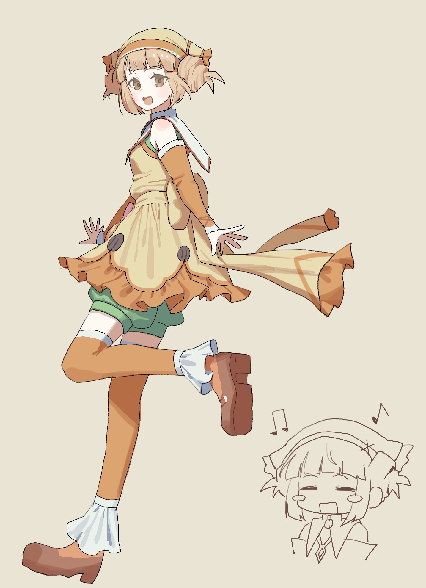 chocolat (rune factory), rune factory, rune factory 3, highres, 1girl, blonde hair, brown eyes, brown shoes, headscarf, open mouth, orange thighhighs, rfo 2011, shoes, short bangs, solo, thighhighs, yellow headscarf