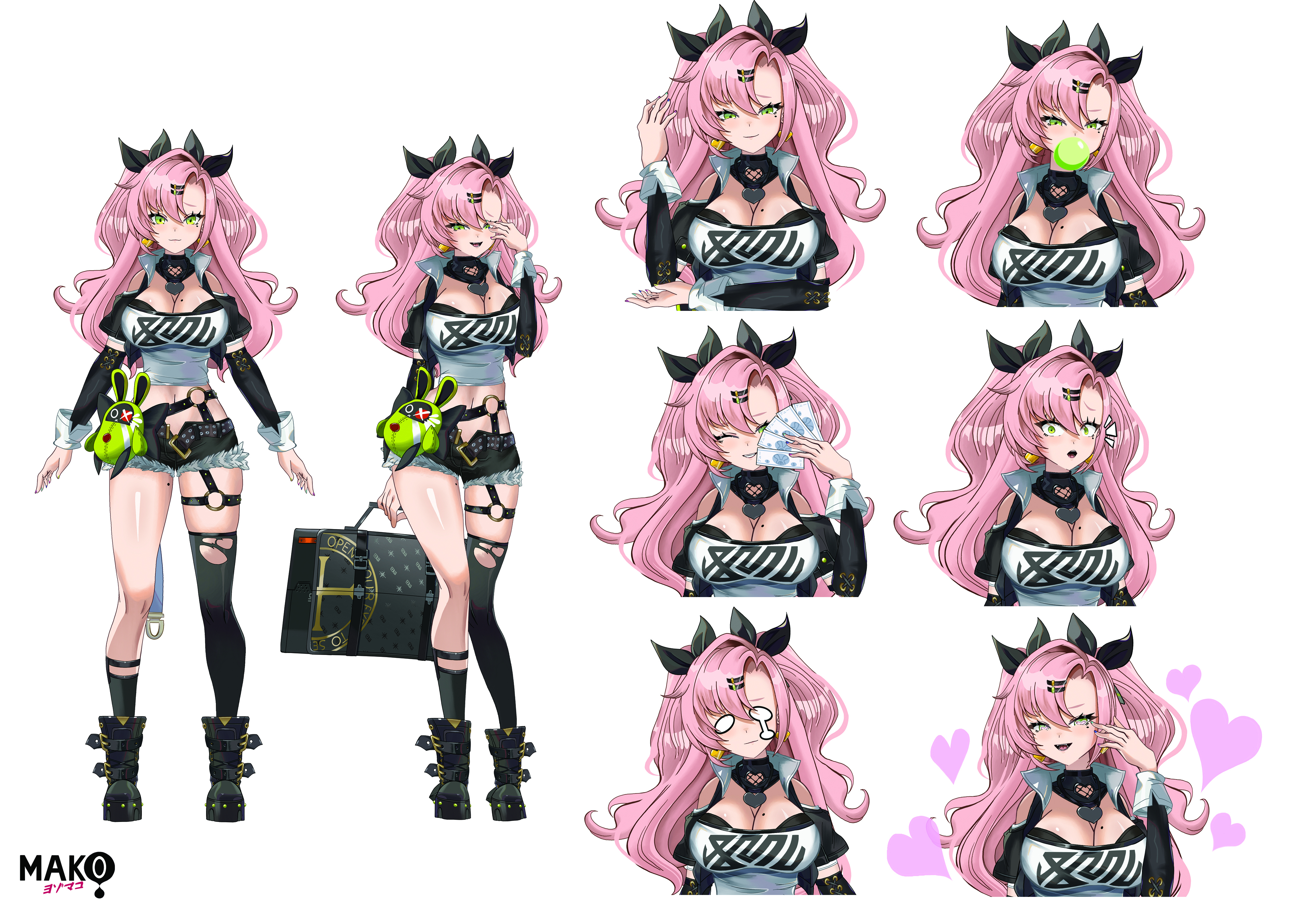 kurimako, amillion (zenless zone zero), bangboo (zenless zone zero), nicole demara, zenless zone zero, absurdres, commentary, commentary request, english commentary, highres, mixed-language commentary, 1girl, asymmetrical legwear, banknote, black boots, black ribbon, black shorts, black thighhighs, blank eyes, blowing bubble gum, boots, breasts, briefcase, chewing gum, cleavage, closed mouth, comedic teardrop, detached sleeves, green eyes, hair between eyes, hair ornament, hair ribbon, hairclip, half-closed eyes, hand up, heart, heart-shaped pupils, holding, holding briefcase, holding money, large breasts, long hair, looking at viewer, loving aura, mole, mole on breast, mole under eye, money, multiple expressions, multiple views, one eye closed, open mouth, parallel hairclips, parted bangs, pink hair, ribbon, shirt, short shorts, shorts, simple background, single thighhigh, smile, symbol-shaped pupils, thighhighs, torn clothes, torn thighhighs, two side up, white background, white shirt