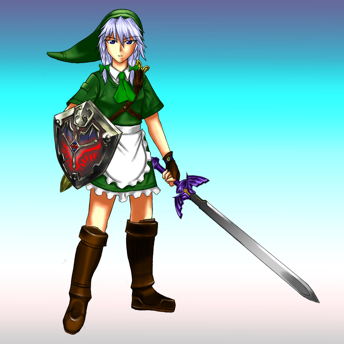 omega-the-world, omega na hito, izayoi sakuya, link, nintendo, the legend of zelda, touhou, silver hair, bad id, bad pixiv id, 1girl, blue eyes, boots, braid, cosplay, female focus, gloves, hat, holding, holding sword, holding weapon, hylian shield, link (cosplay), maid, master sword, shield, solo, sword, twin braids, weapon
