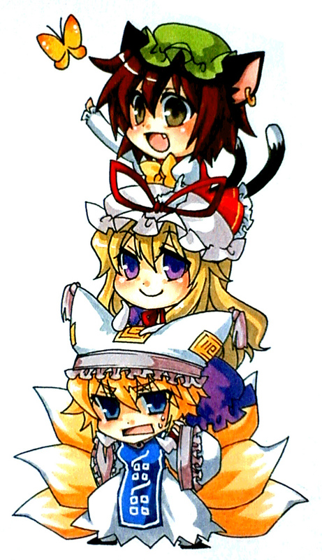 mise yuzuki, chen, yakumo ran, yakumo yukari, touhou, bad id, bad pixiv id, 3girls, animal ears, blonde hair, blue eyes, brown eyes, brown hair, bug, butterfly, carrying, cat ears, cat girl, cat tail, chibi, dress, earrings, fang, female focus, fox tail, full body, hat, hat ribbon, human tower, insect, jewelry, long hair, multiple girls, multiple tails, purple eyes, ribbon, short hair, shoulder carry, simple background, smile, stacking, tail, white background