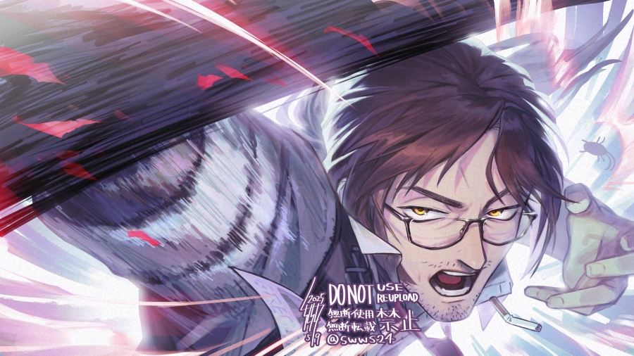 gregor's cockroach (project moon), gregor (project moon), limbus company, project moon, absurdres, highres, 1boy, :o, afterimage, angry, arm up, arthropod limbs, beard stubble, black-framed eyewear, black-framed glasses, black vest, brown hair, bug, chromatic aberration, cigarette, close-up, cockroach, collared shirt, dated, english text, facial hair, fighting stance, fingernails, floating hair, furrowed brow, glasses, hair between eyes, half-closed eyes, hand up, high collar, id card, insect, long hair, long sleeves, looking at viewer, looking up, low ponytail, male focus, motion blur, motion lines, necktie, open mouth, parted bangs, ponytail, portrait, red necktie, sanpaku, semi-rimless eyewear, serious, shirt, signature, simple background, solo, speed lines, stubble, teeth, twitter username, under-rim eyewear, upper body, v-shaped eyebrows, vest, watermark, white background, white shirt, wind, yellow eyes