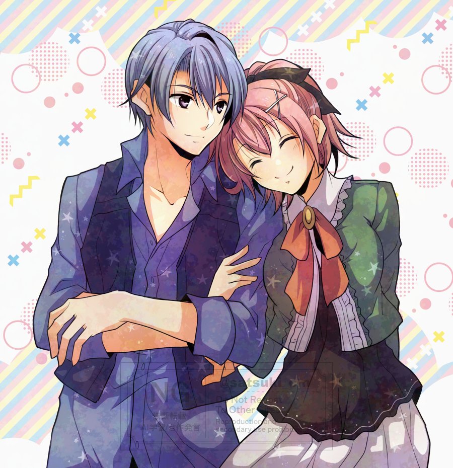 satsuki (chaosmode), juna crawford, kurt vander, eiyuu densetsu, sen no kiseki (series), commentary request, 1boy, 1girl, blue hair, blue shirt, blue vest, closed eyes, coat, couple, green coat, happy, holding hands, pink hair, shirt, short hair, simple background, skirt, smile, vest, white skirt