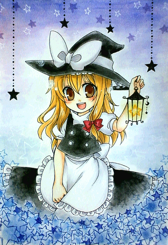 mise yuzuki, kirisame marisa, touhou, bad id, bad pixiv id, 1girl, blonde hair, brown eyes, female focus, gradient background, hair ribbon, hat, hat ribbon, lantern, long hair, ribbon, skirt, solo, star (symbol), witch, witch hat