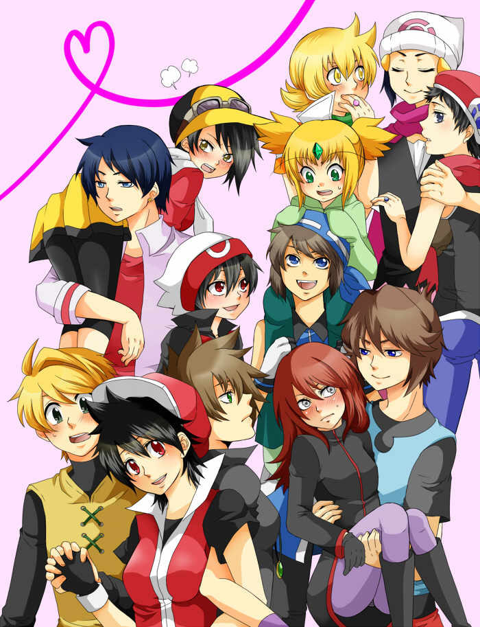 barry (pokemon), blue oak, brendan (pokemon), dawn (pokemon), emerald (pokemon), ethan (pokemon), green (pokemon), kris (pokemon), lucas (pokemon), may (pokemon), minto, red (pokemon), silver (pokemon), yellow (pokemon), nintendo, pokemon, pokemon adventures, bad id, bad pixiv id, 6+boys, 6+girls, alternate costume, alternate hairstyle, bandana, baseball cap, beanie, beret, black hair, blonde hair, blue eyes, blush, boots, brown hair, carrying, couple, everyone, fangs, fingerless gloves, genderswap, genderswap (ftm), genderswap (mtf), gloves, goggles, green eyes, hat, hetero, holding hands, hug, jewelry, long hair, multiple boys, multiple girls, panties, panties under pantyhose, pantyhose, princess carry, red eyes, red hair, ring, skirt, striped clothes, striped panties, underwear, yellow eyes