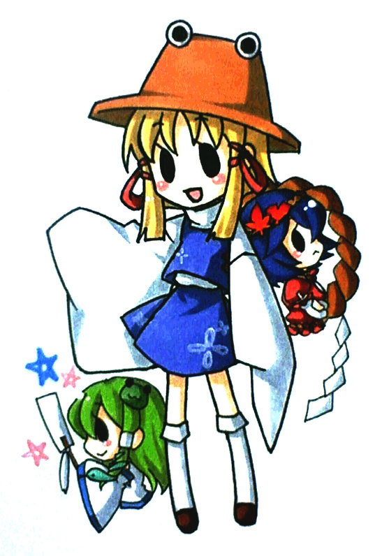 mise yuzuki, kochiya sanae, moriya suwako, pyonta, yasaka kanako, touhou, bad id, bad pixiv id, traditional media, 3girls, :>, :<, blonde hair, blue hair, chibi, detached sleeves, female focus, frog, green hair, hair ornament, hairband, hat, leaf, multiple girls, rope, shimenawa, short hair, snake, star (symbol)