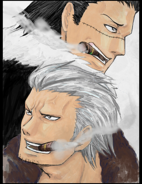 crocodile (one piece), smoker (one piece), one piece, 2boys, cigar, fur trim, male focus, multiple boys, scar, smoking, veins, white hair