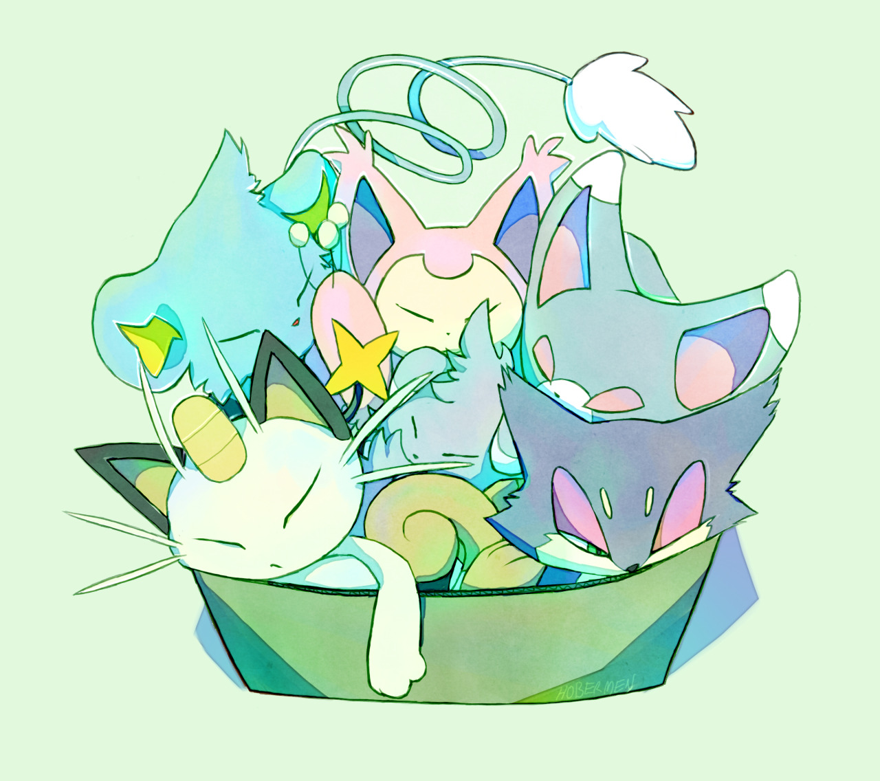 hobermen, espurr, glameow, meowth, purrloin, shinx, skitty, nintendo, pokemon, commentary, english commentary, animal ears, box, cardboard box, cat, cat ears, cat tail, coin, gen 1 pokemon, gen 3 pokemon, gen 4 pokemon, gen 5 pokemon, gen 6 pokemon, gold coin, green background, lion, pokemon (creature), species connection, tail, whiskers