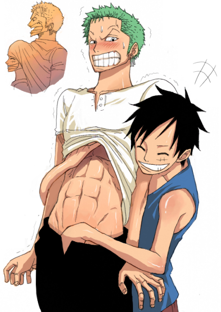 syui, monkey d. luffy, roronoa zoro, one piece, 2boys, angry, clothes lift, grin, hand under clothes, male focus, multiple boys, shirt lift, smile, white background, yaoi
