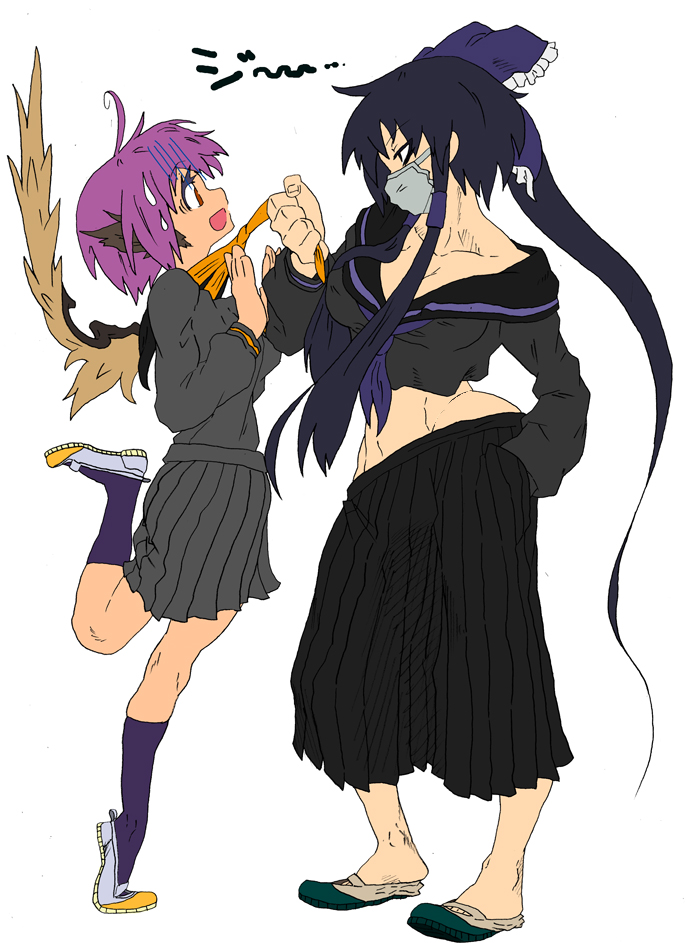 lanoir (pixiv), hakurei reimu, mystia lorelei, touhou, bad id, bad pixiv id, 2girls, ahoge, alternate costume, breasts, bullying, cleavage, contemporary, delinquent, female focus, large breasts, mask, midriff, mouth mask, multiple girls, no bra, pleated skirt, school uniform, serafuku, simple background, skirt, sukeban, surgical mask, white background, wide hips, wings