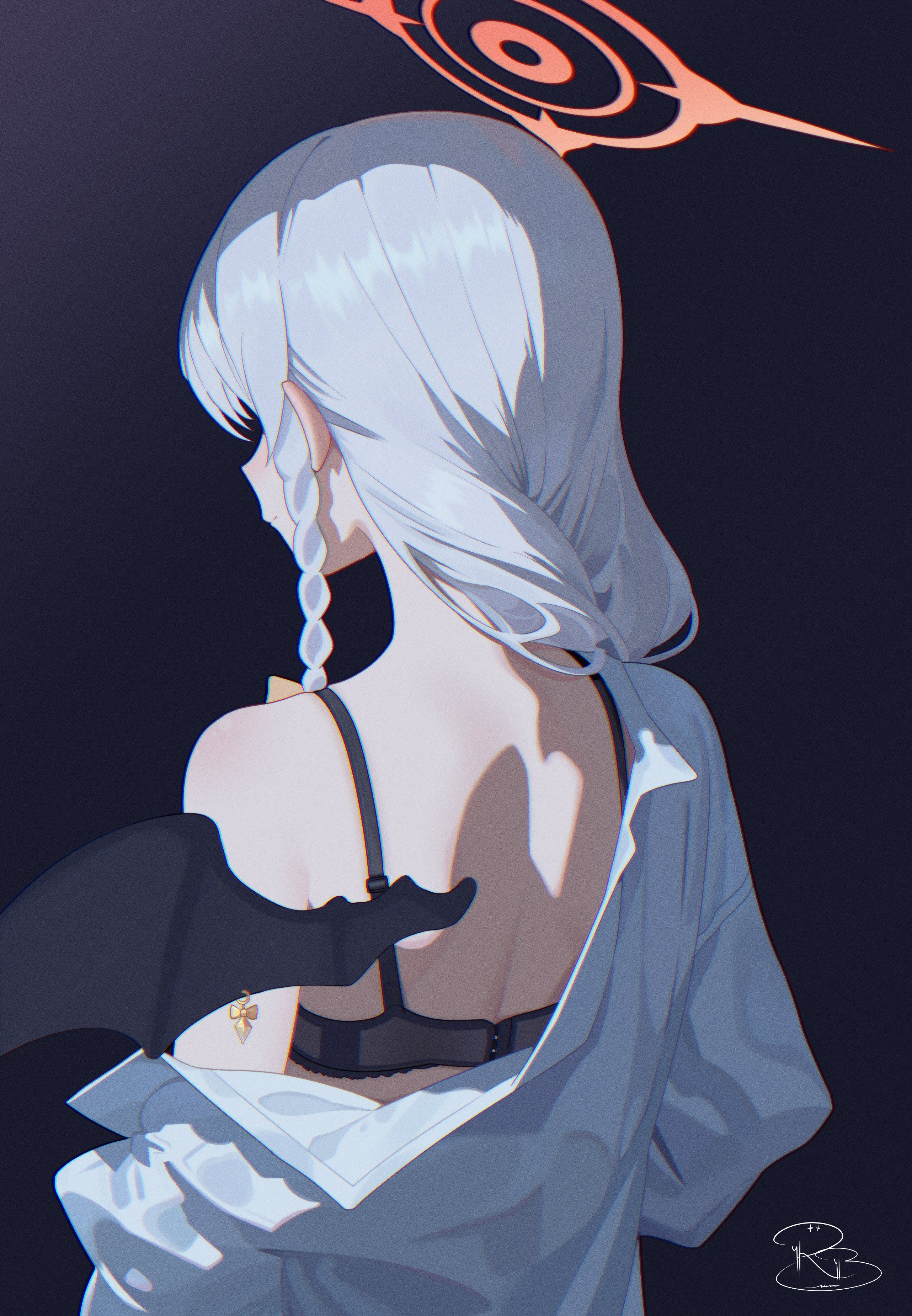 royalbunny003, haruna (blue archive), blue archive, absurdres, commentary request, highres, 1girl, artist logo, back, black background, black bra, black wings, bra, braid, demon wings, dress shirt, from behind, grey hair, hair over shoulder, halo, logo, orange halo, piercing, shirt, shirt partially removed, single bare shoulder, single braid, single off shoulder, single wing, solo, underwear, upper body, white shirt, wing piercing, wings