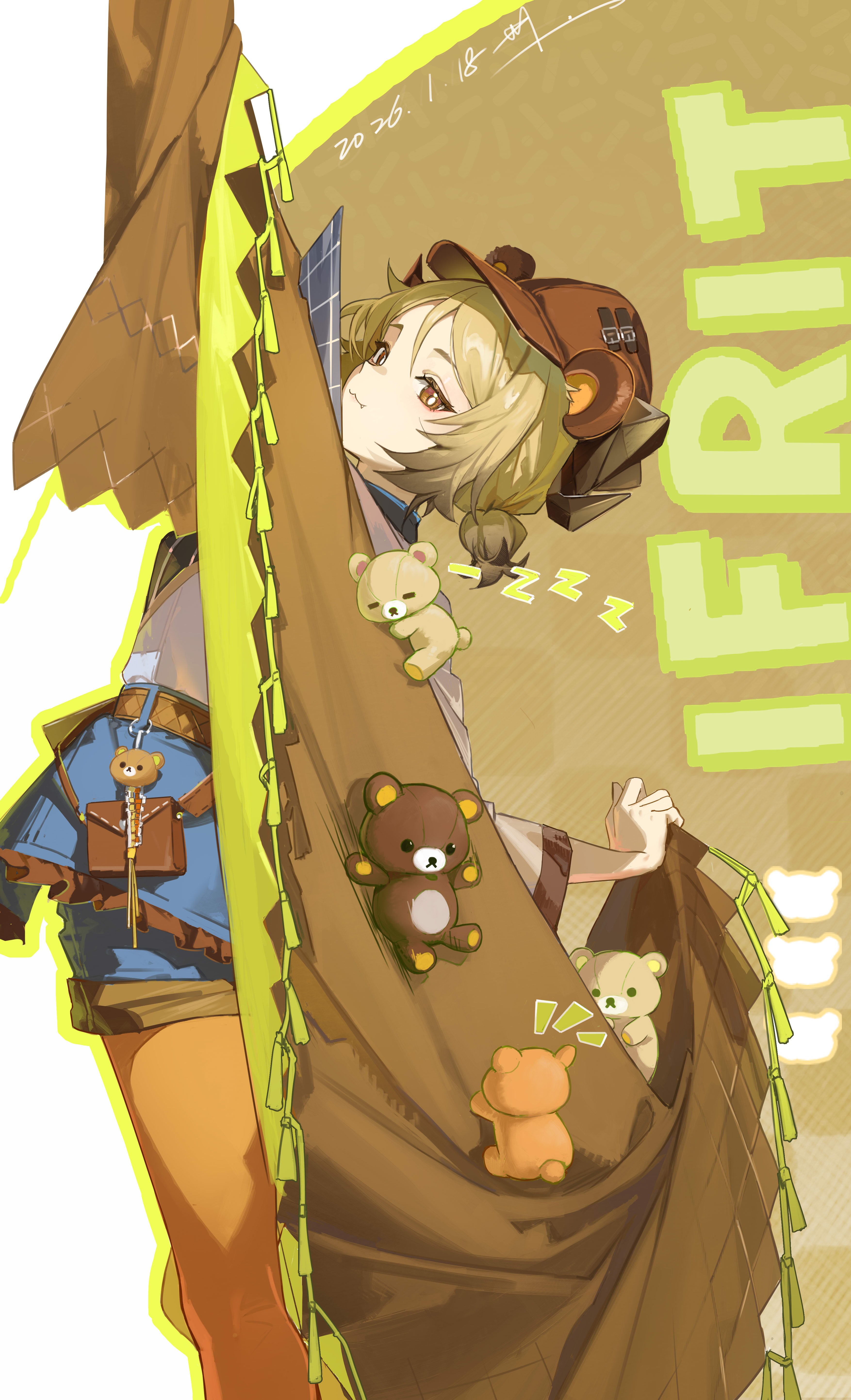 hokushuu, ifrit (arknights), korilakkuma, rilakkuma, arknights, san-x, absurdres, chinese commentary, commentary request, highres, 1girl, :3, animal ears, arm up, bear ears, blonde hair, blue shorts, brown background, brown hair, brown hat, character name, dated, fake animal ears, feet out of frame, grey shirt, hat, horns, ifrit (relaxing trip) (arknights), looking at viewer, looking back, notice lines, orange hair, orange pantyhose, outline, pantyhose, shirt, short twintails, shorts, signature, solo, twintails, two-tone background, white background, yellow outline, zzz