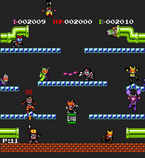 ufo0917119, kamen rider agito, kamen rider agito (ground form), kamen rider blade, kamen rider decade, kamen rider den-o, kamen rider den-o (sword form), kamen rider double, kamen rider faiz, kamen rider garren, kamen rider hibiki, kamen rider kabuto, kamen rider kiva, kamen rider kuuga, kamen rider ryuki, capcom, kamen rider, kamen rider 555, kamen rider agito (series), kamen rider blade (series), kamen rider dcd, kamen rider den-o (series), kamen rider hibiki (series), kamen rider kabuto (series), kamen rider kiva (series), kamen rider kuuga (series), kamen rider ryuki (series), kamen rider w, mario (series), mega man (classic), mega man (series), nintendo, super mario bros. 1, bad id, bad pixiv id, 6+boys, crossover, fake screenshot, male focus, multiple boys, parody, pixel art