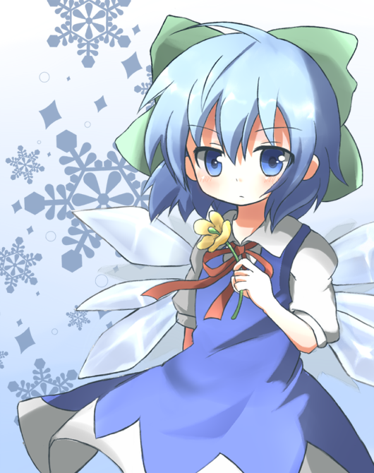 manmi, cirno, touhou, touhou hisoutensoku, bad id, bad pixiv id, 1girl, blouse, blue background, blue eyes, blue hair, collared shirt, dress, female focus, flower, gradient background, hair between eyes, ice, matching hair/eyes, pinafore dress, shirt, sleeveless, sleeveless dress, solo, white shirt