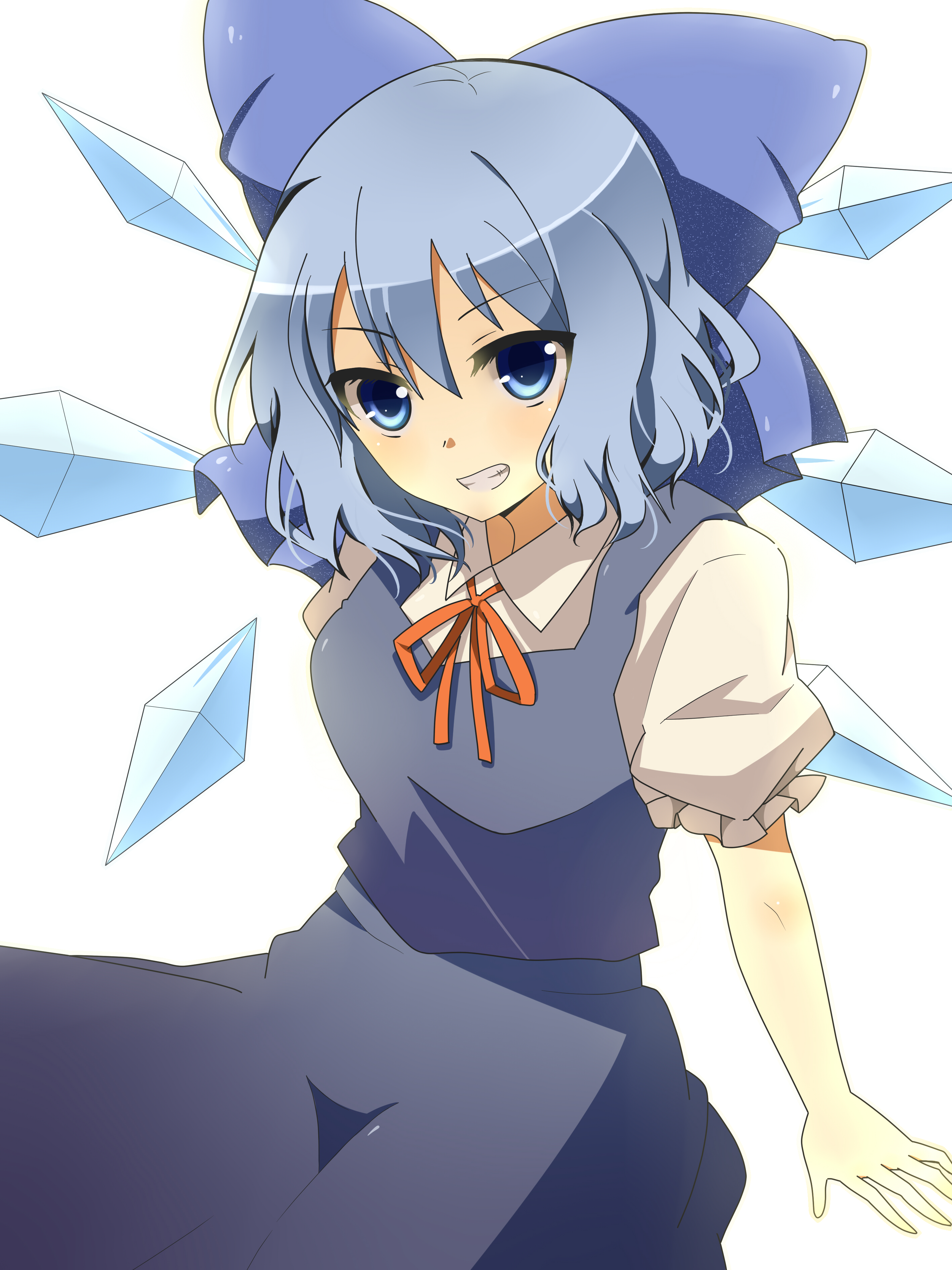 furumun, cirno, embodiment of scarlet devil, touhou, absurdres, bad id, bad pixiv id, highres, 1girl, blue eyes, blue hair, breasts, fairy, female focus, ice, matching hair/eyes, short hair, solo, white background, wings