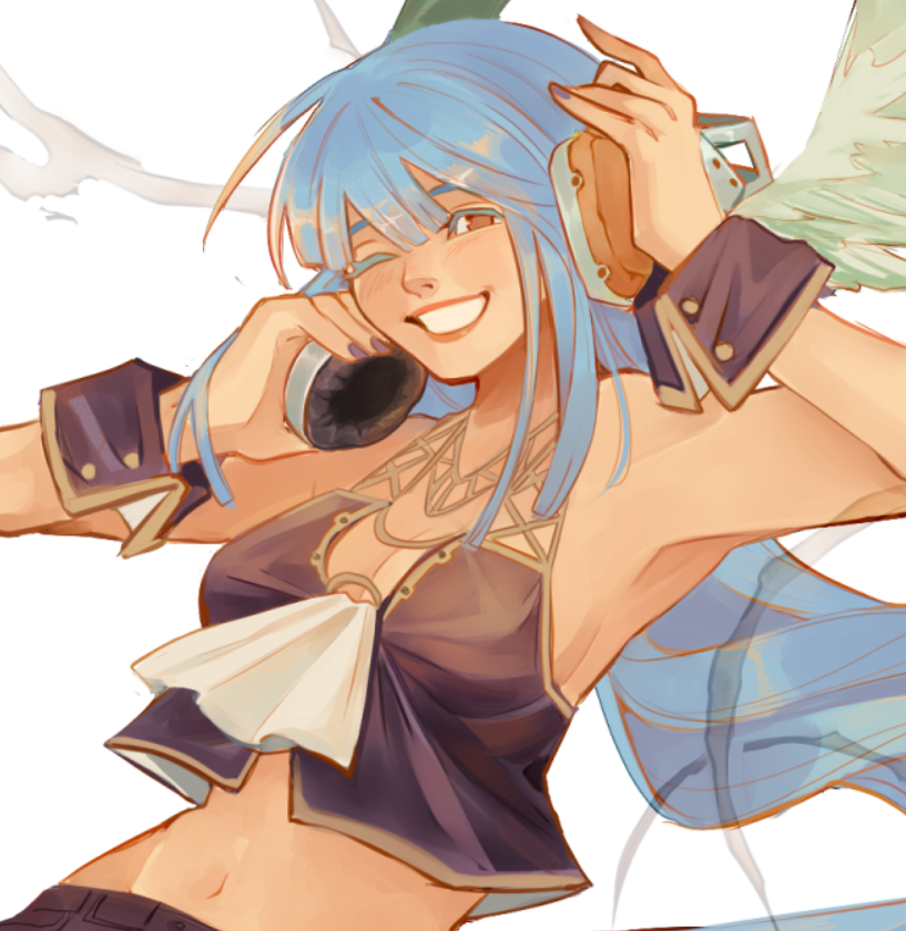 borcheim, dizzy (guilty gear), guilty gear, commentary, english commentary, 1girl, angel wings, armpits, asymmetrical wings, bare shoulders, blue hair, blue nails, breasts, cleavage, headphones, long hair, looking at viewer, medium breasts, midriff, nail polish, navel, one eye closed, parted lips, red eyes, shorts, sidelocks, smile, solo, stomach, wings, wrist cuffs